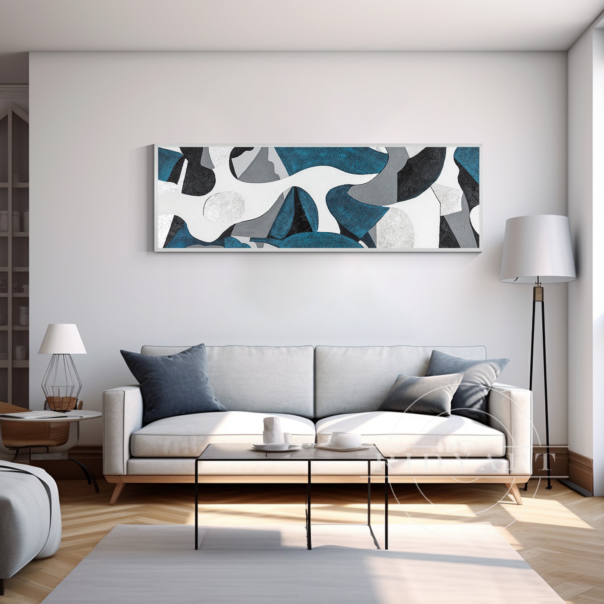 Horizontal teal and silver abstract geometric painting on canvas with organic shapes, perfect for modern living room or bedroom wall decor.