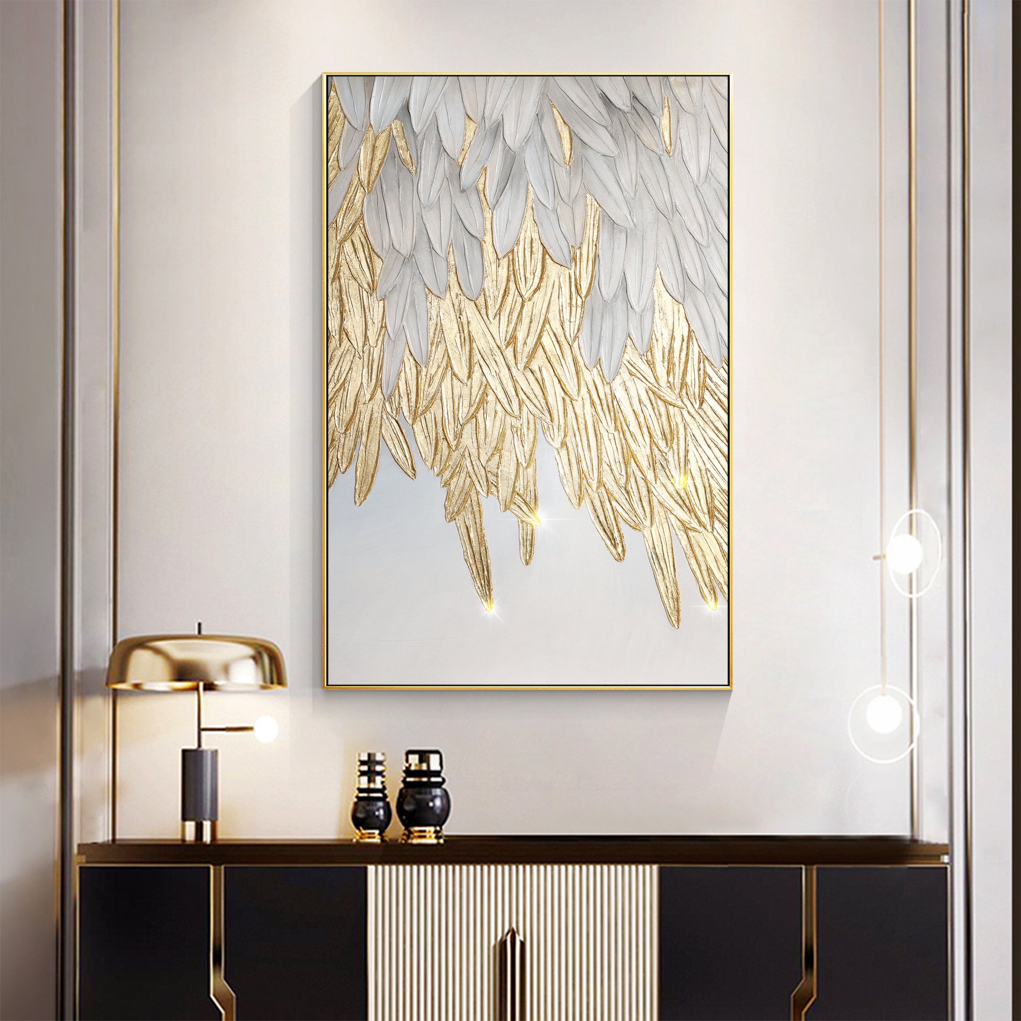 Textured gold feather and leaf canvas painting
