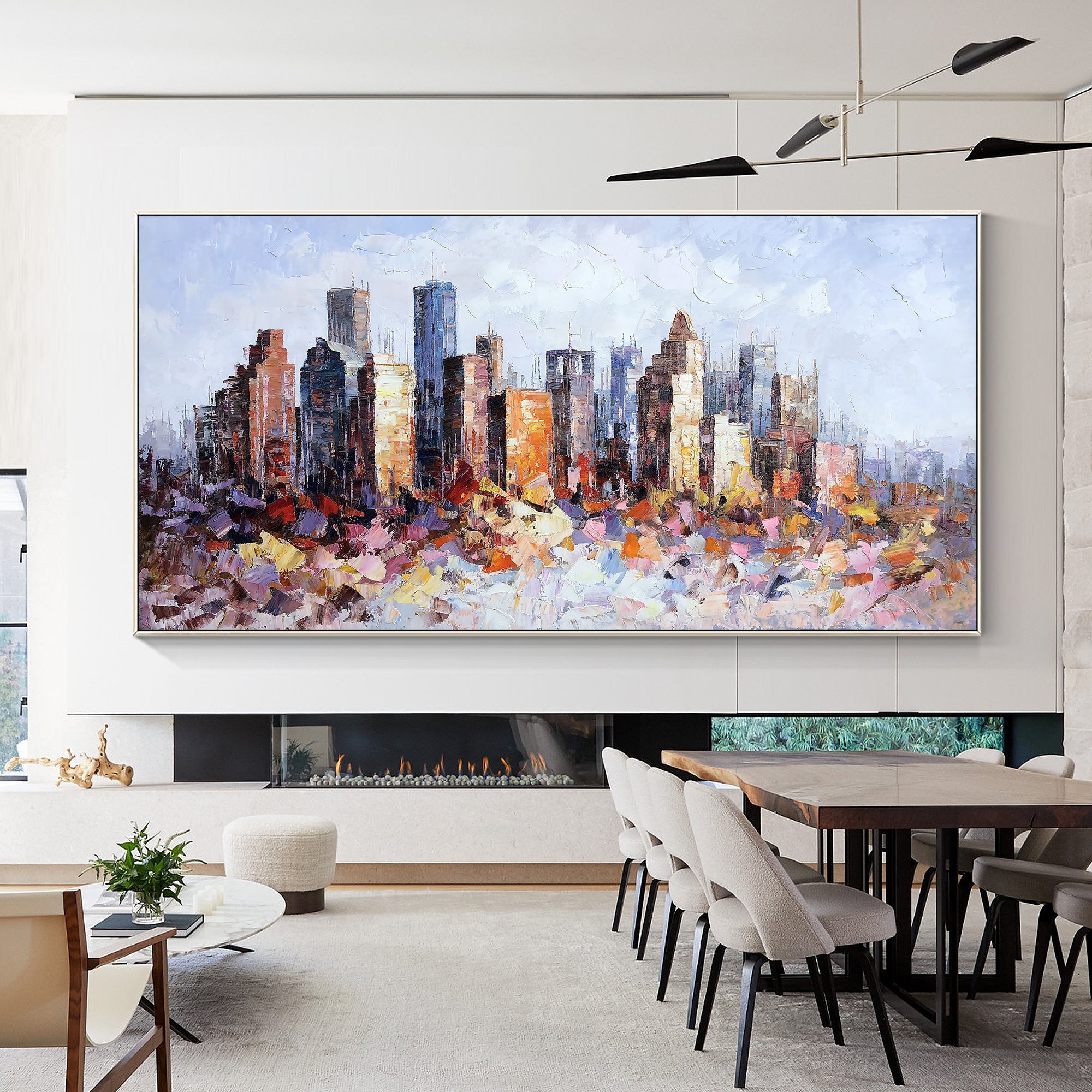 Textured Houston cityscape oil painting in an abstract style.