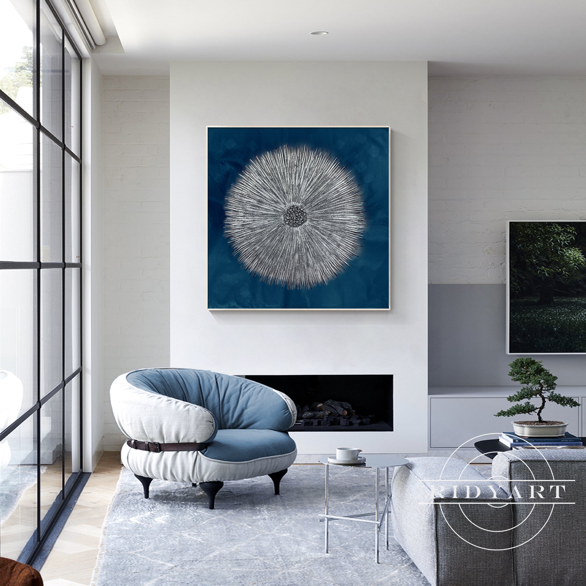 Contemporary navy blue and grey framed painting for living room walls.
