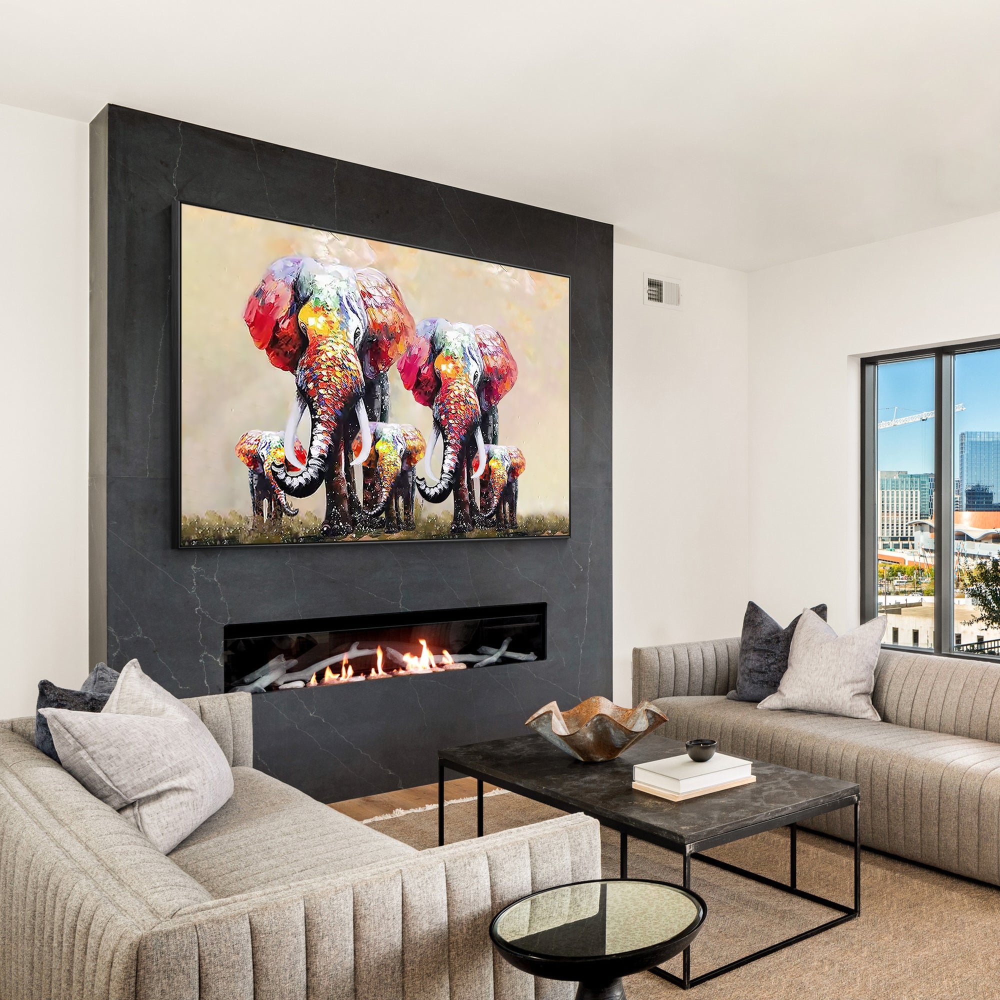 Textured wall art of an elephant family for living room decor