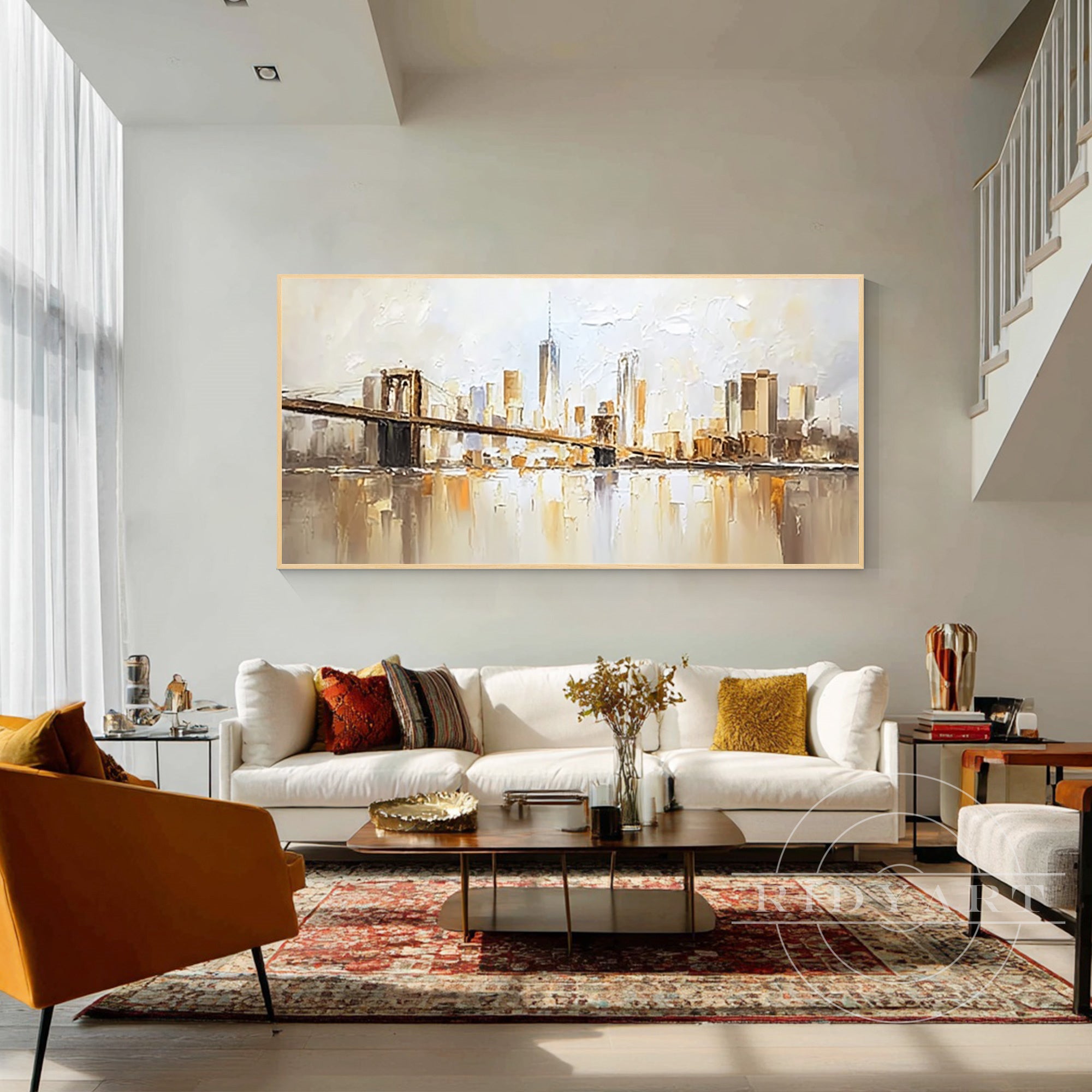 abstract golden gate bridge painting neutral canvas artwork