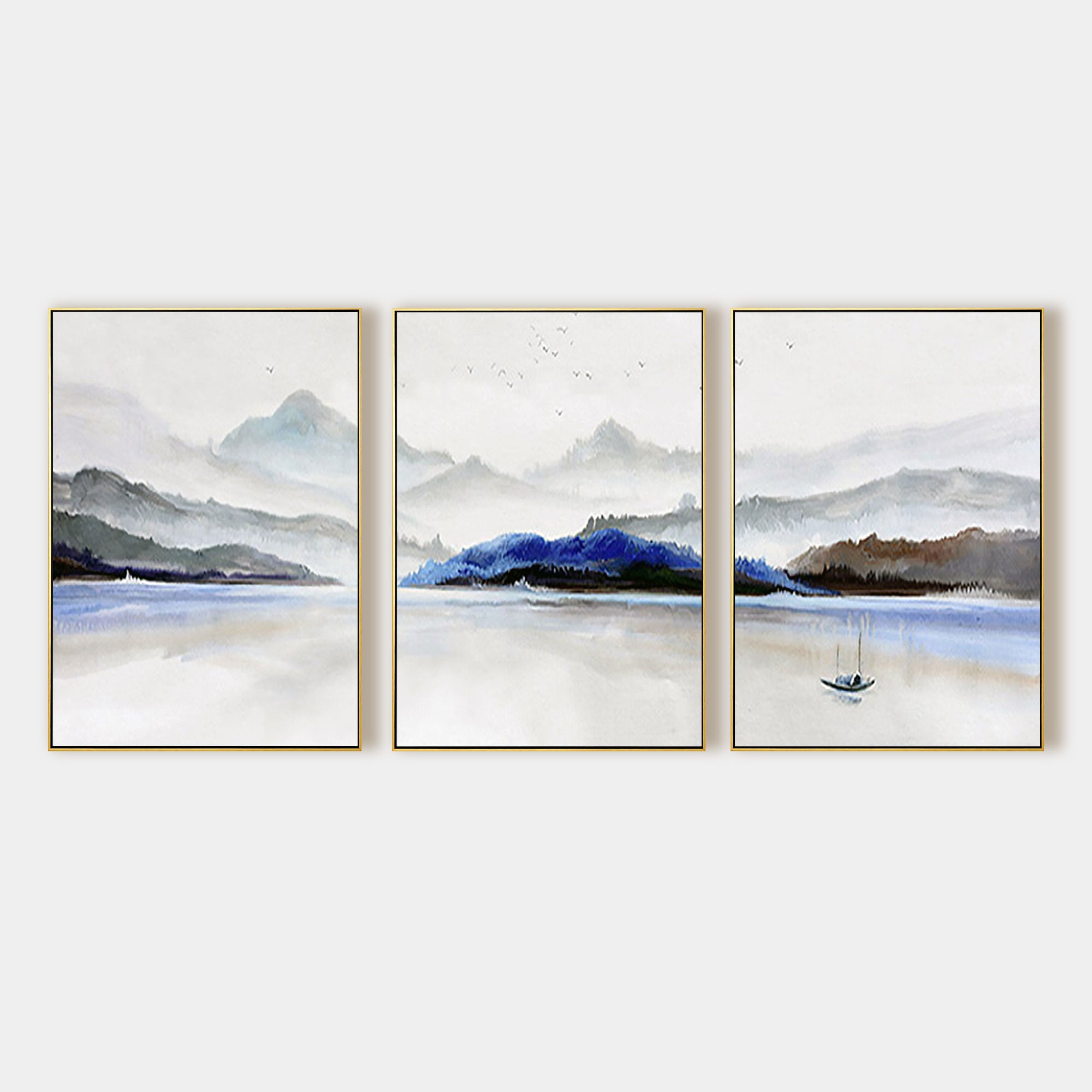 3er Set Bergsee Ölgemälde Aquarell Kunst