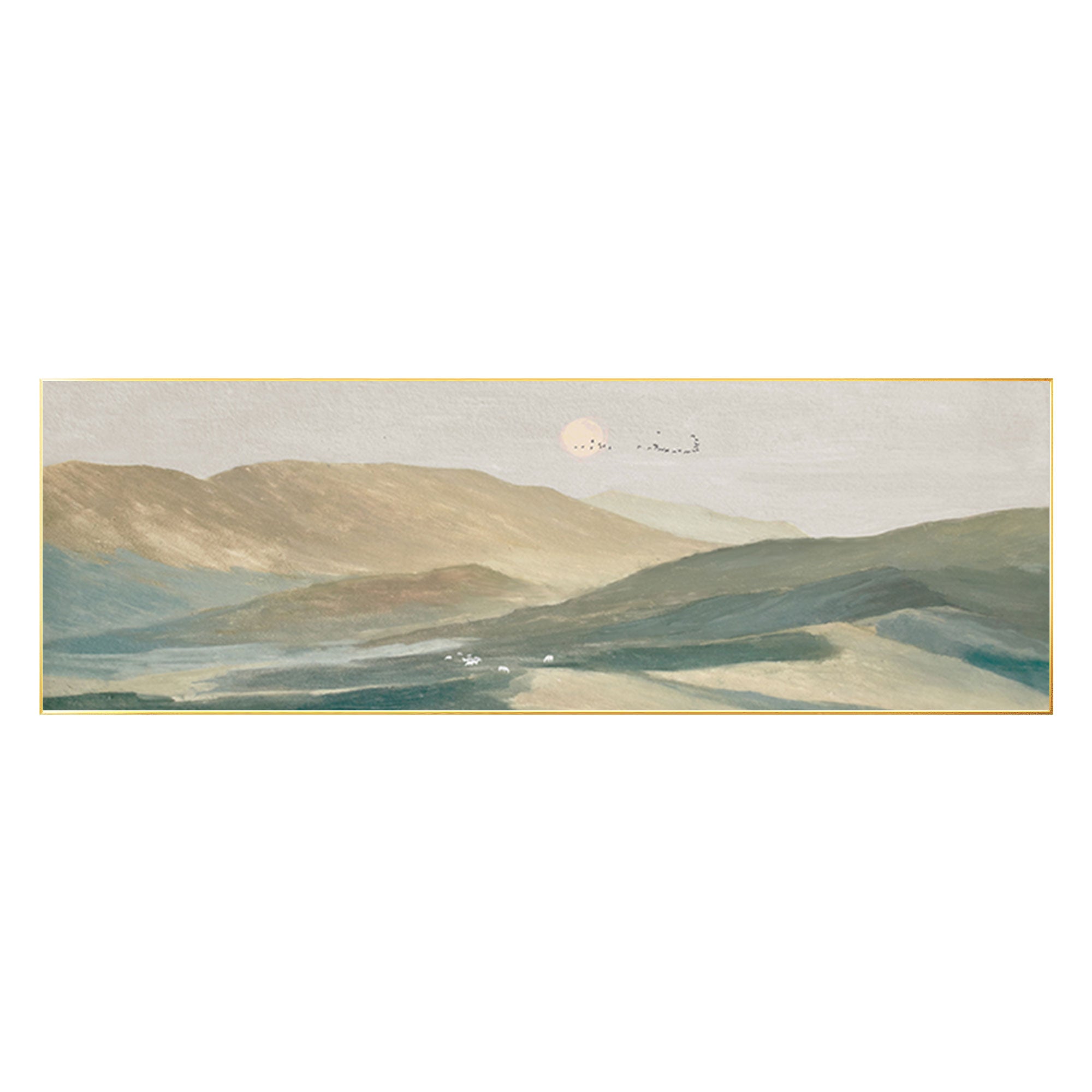 لوحة زيتية لغروب الشمس على الجبل، لوحة فنية جدارية أفقية