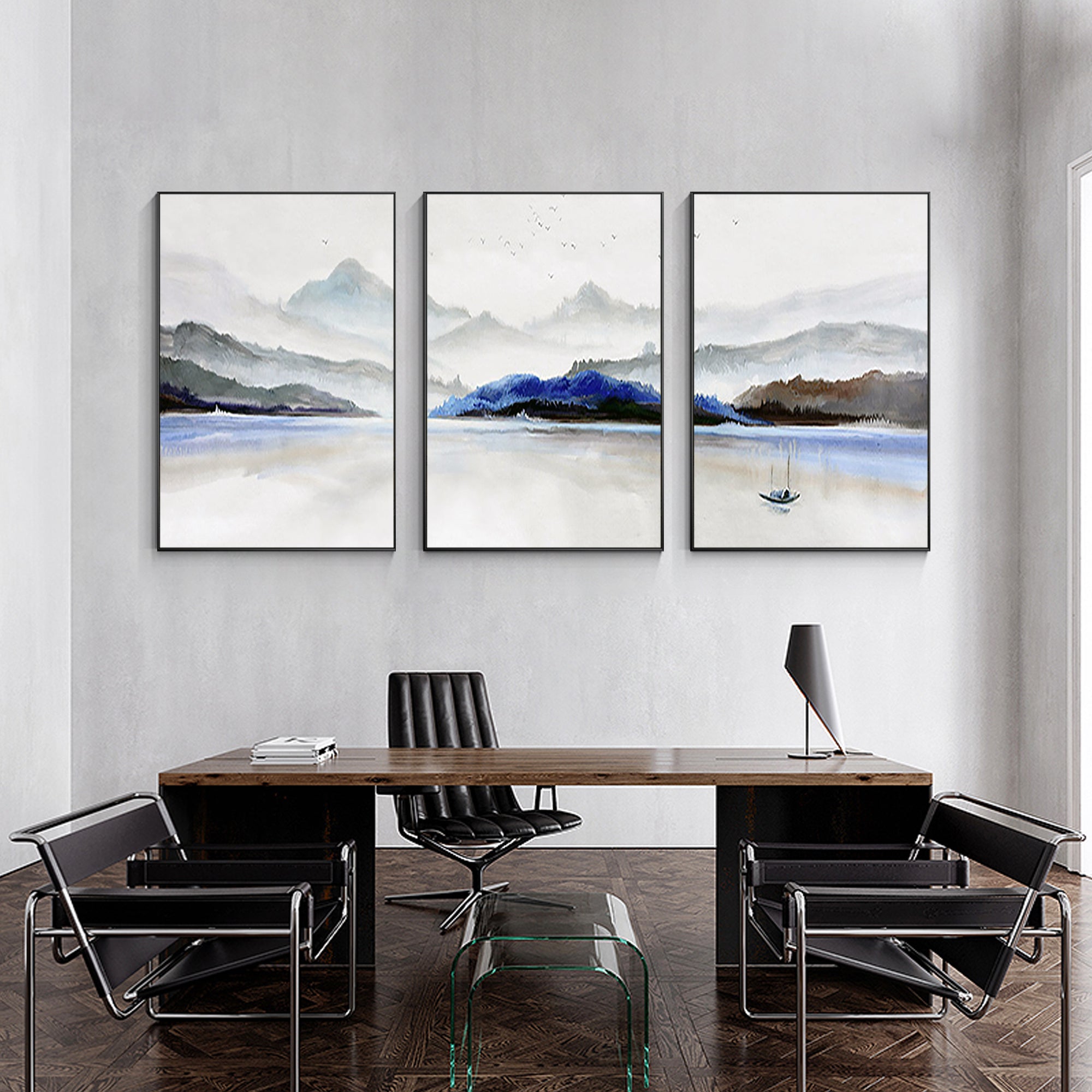 3er Set Bergsee Ölgemälde Aquarell Kunst