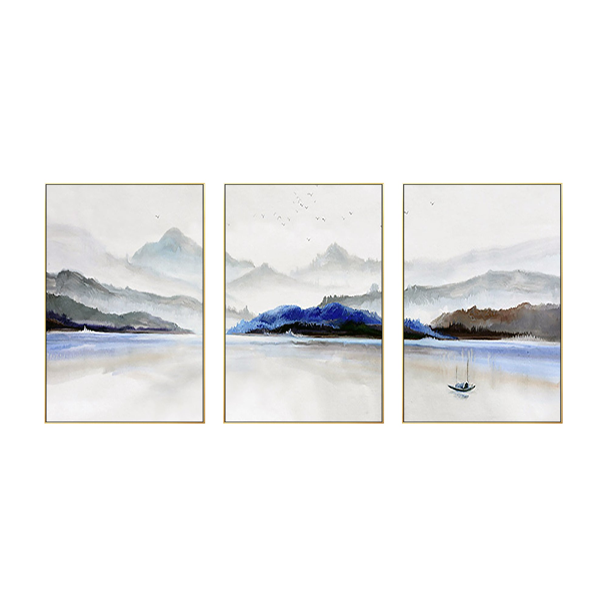 3er Set Bergsee Ölgemälde Aquarell Kunst