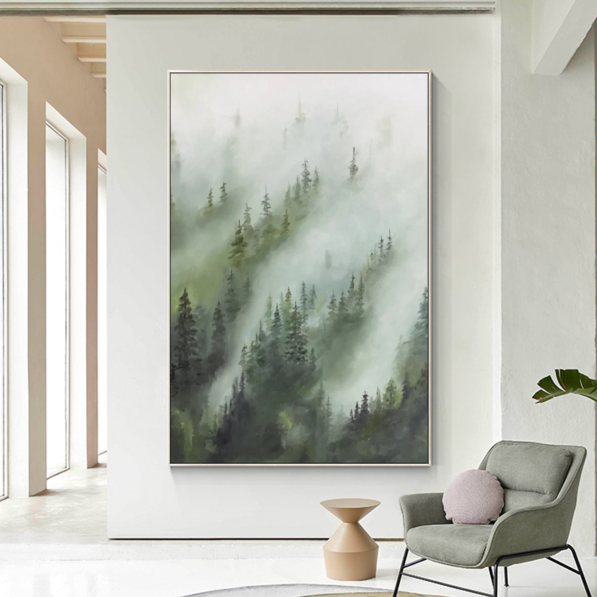 Foggy Pine Tree Landscape Oil Painting