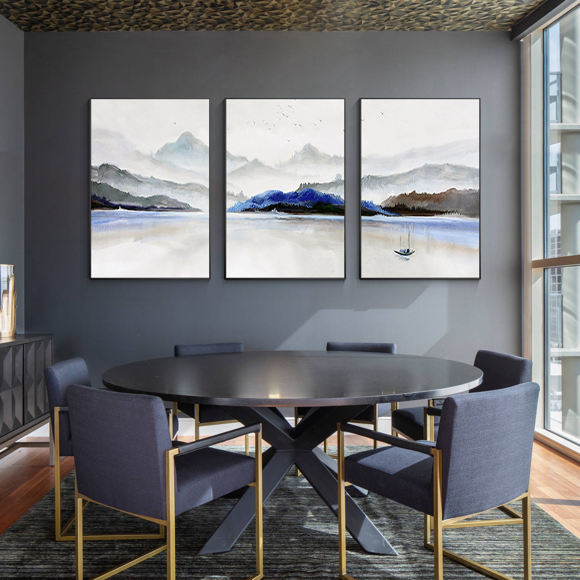 3er Set Bergsee Ölgemälde Aquarell Kunst