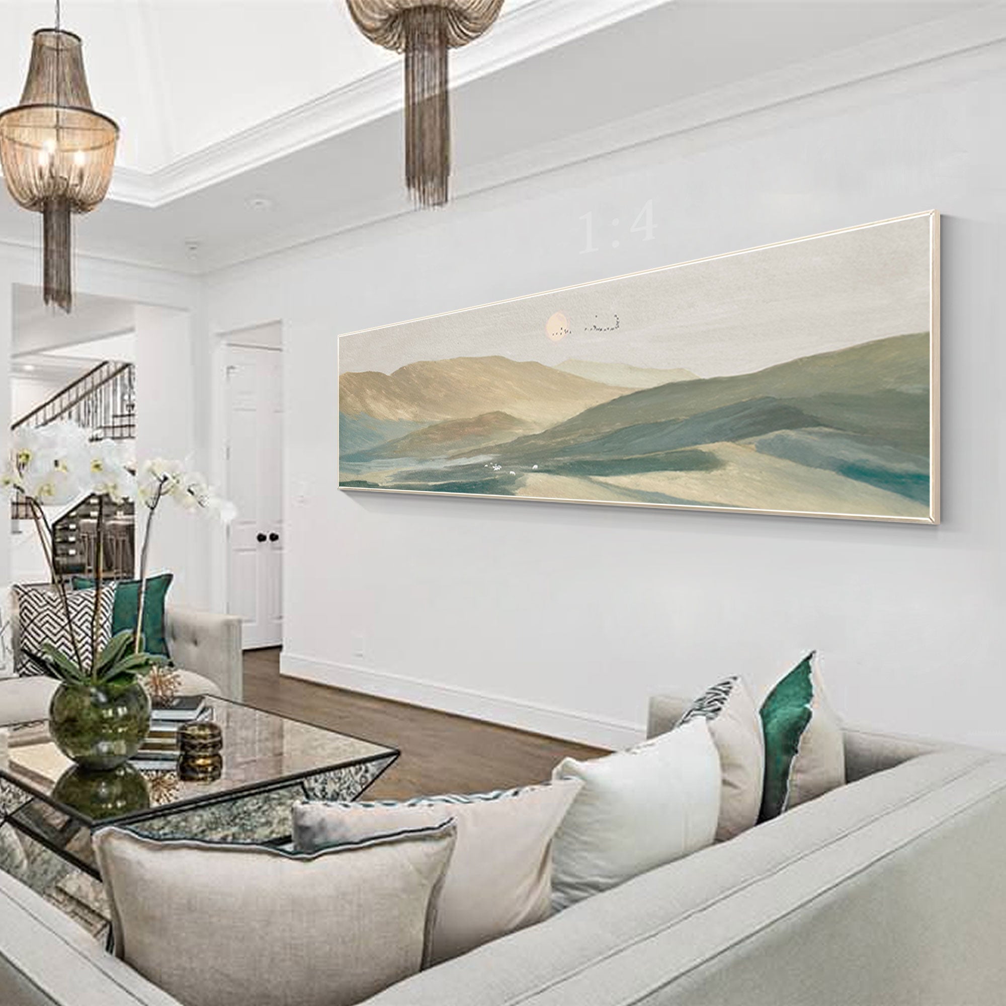 لوحة زيتية لغروب الشمس على الجبل، لوحة فنية جدارية أفقية