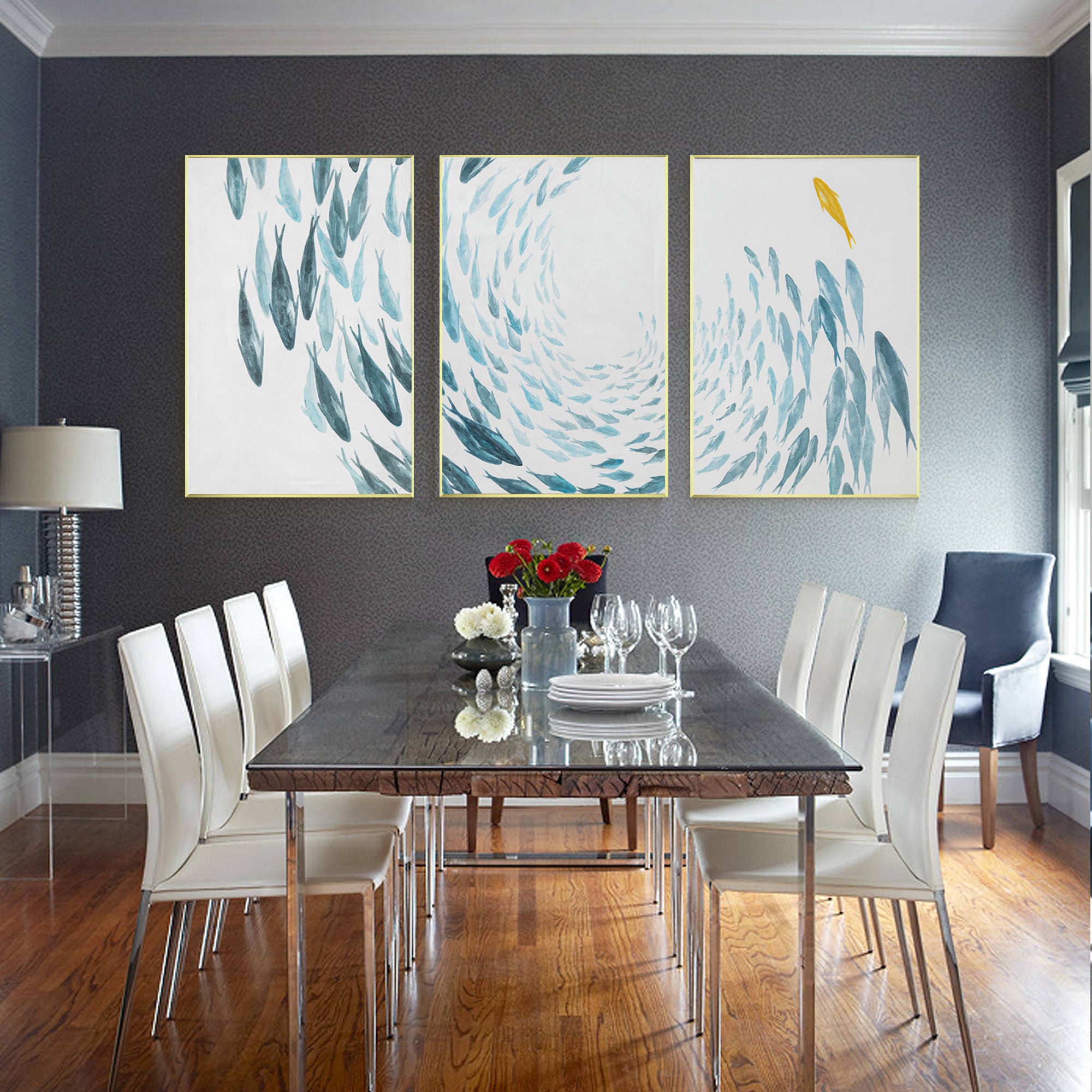 Original 3-teiliges Leinwandbild „Fischschwarm“