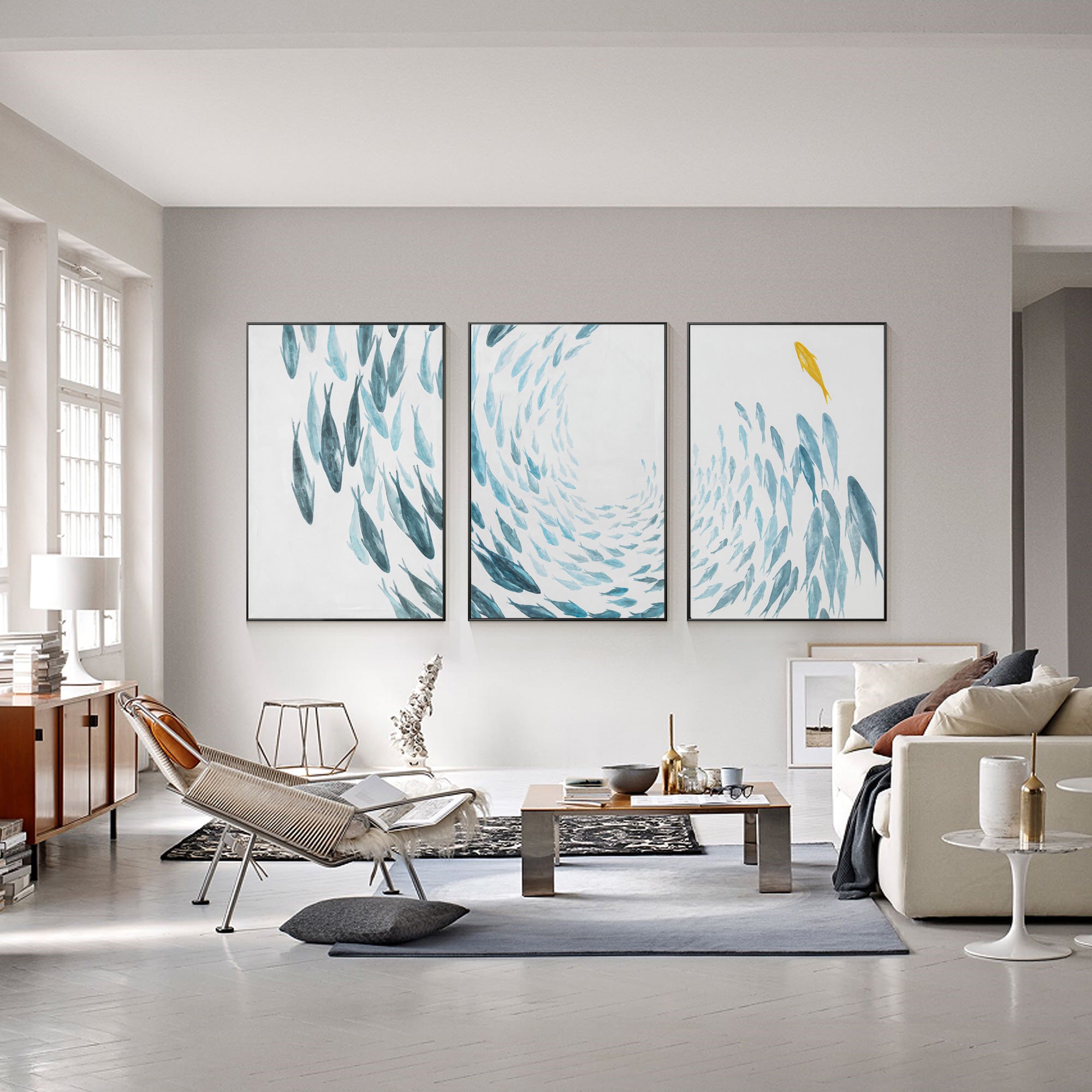 Original 3-teiliges Leinwandbild „Fischschwarm“