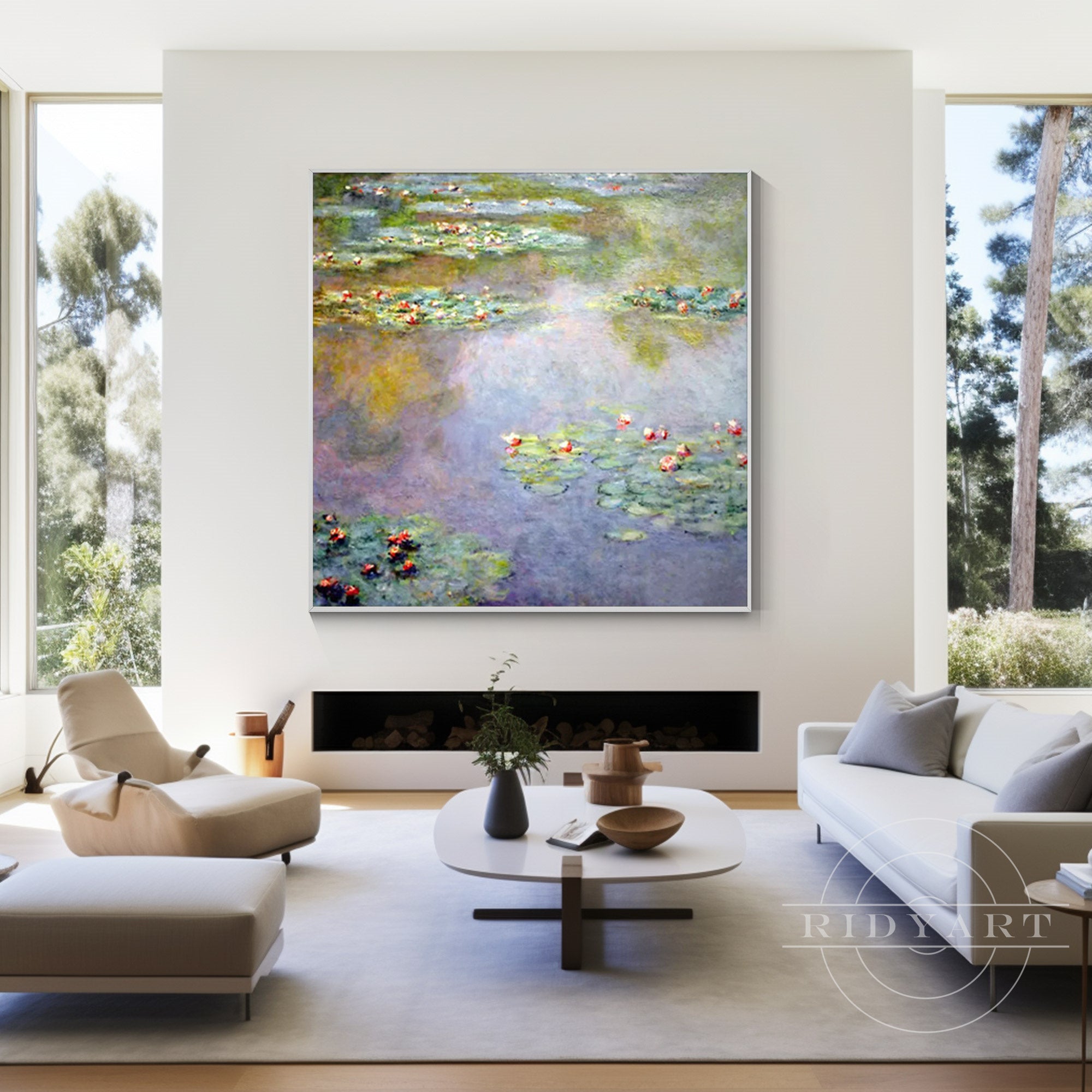 Hand-painted Monet style water lilies wall art