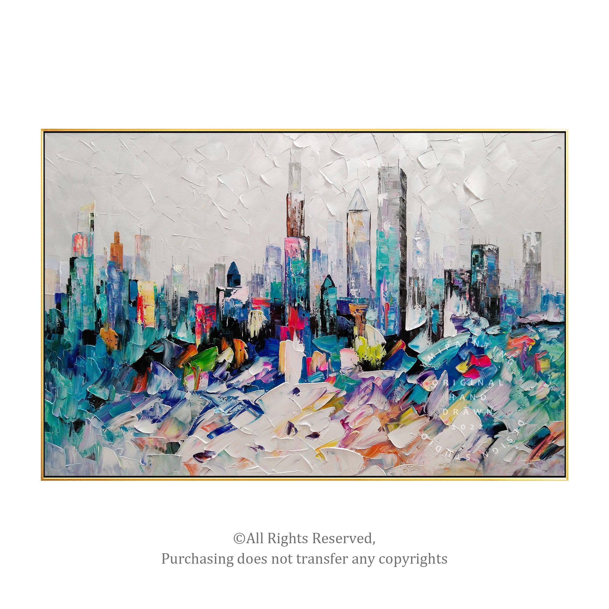 Ölgemälde Skyline von Chicago, Petrol / bunte Kunst