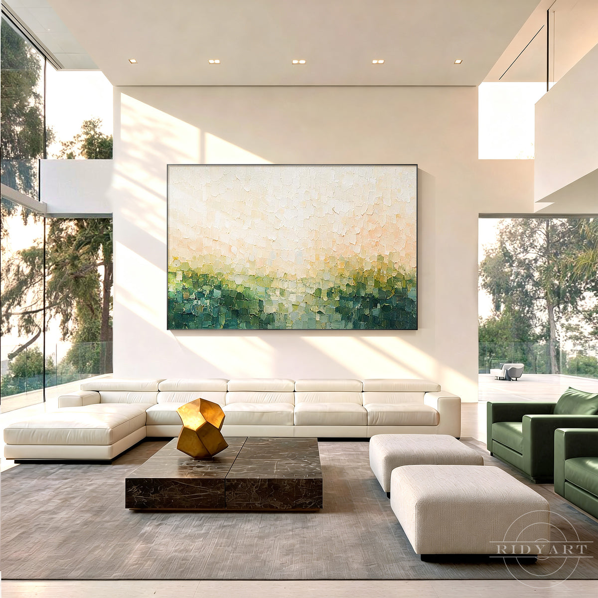 Soft pink and green color gradient abstract horizon canvas art with textured brushstrokes.