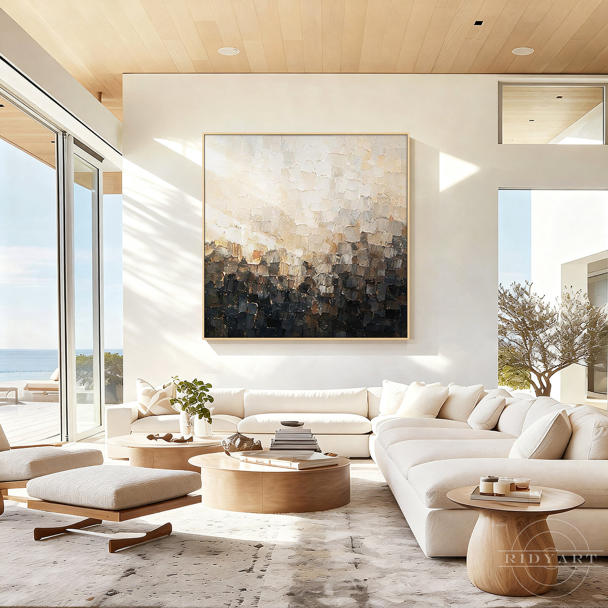 Hand-painted beige and charcoal abstract canvas with raised texture