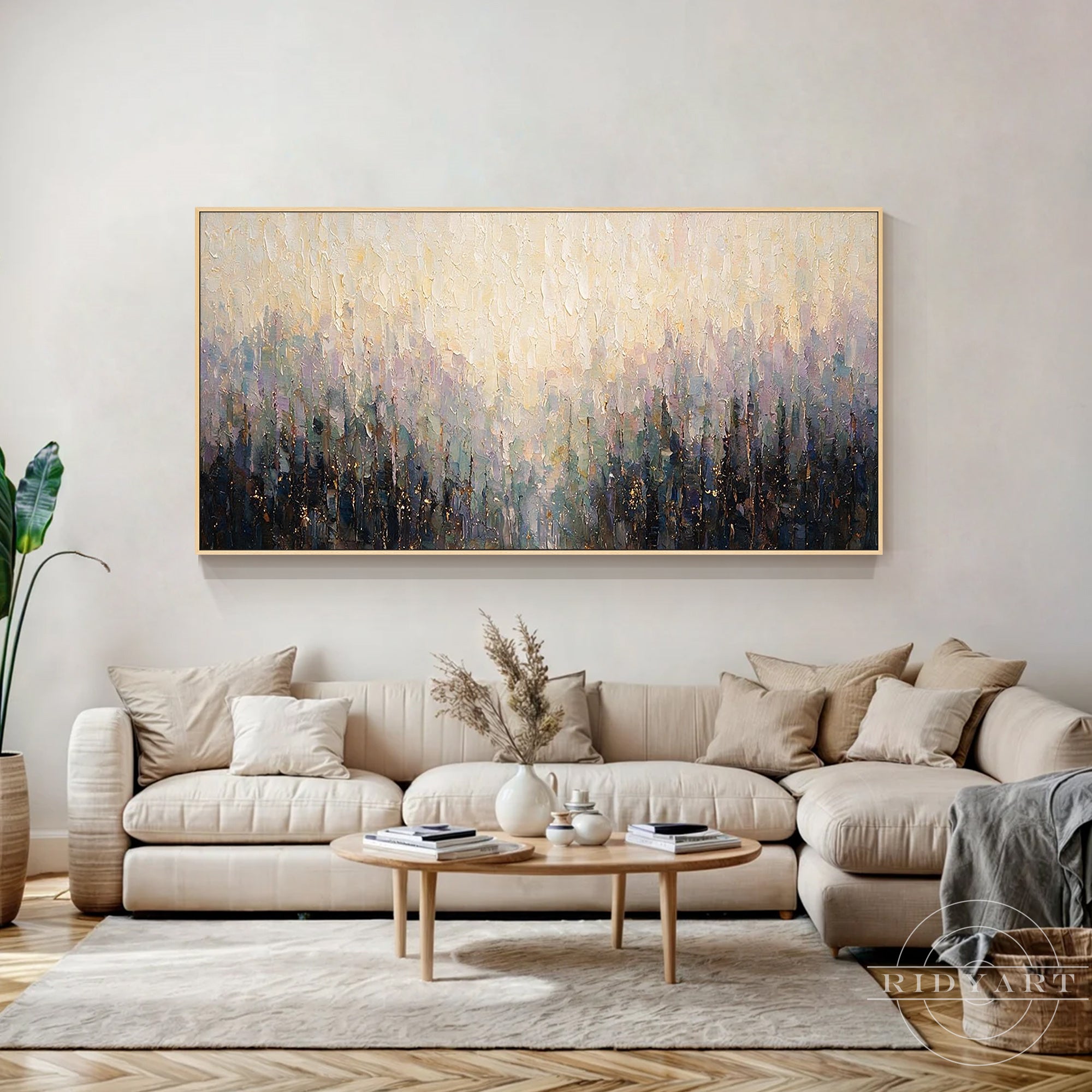 Textured abstract canvas art evoking sunlight over a quiet forest