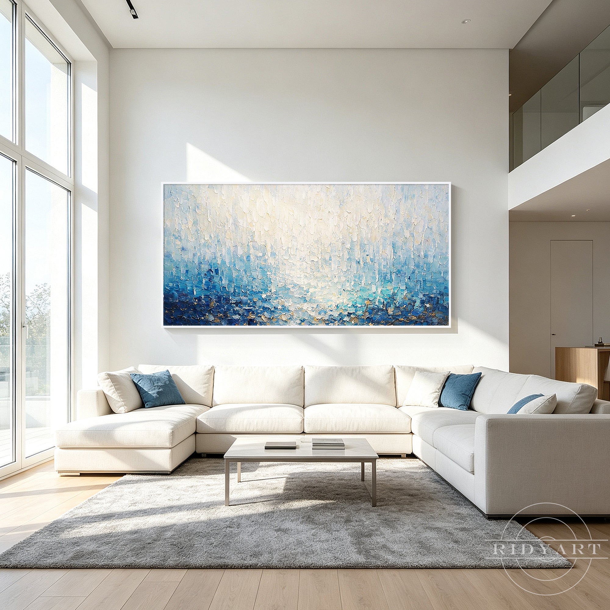 Hand-painted abstract canvas art in blue, navy, and white with palette knife texture