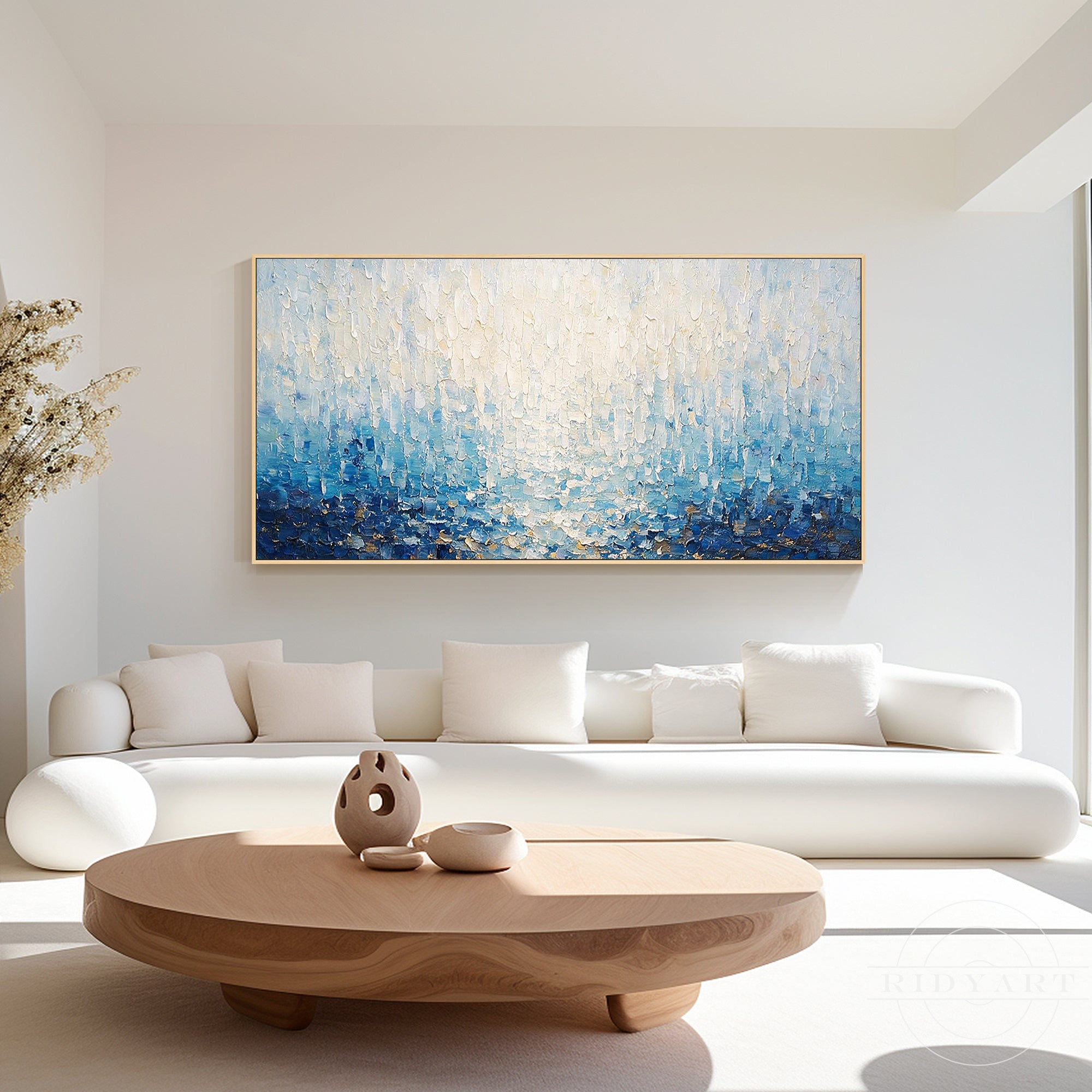 Modern abstract wall art in icy blue and navy tones with subtle gold detail