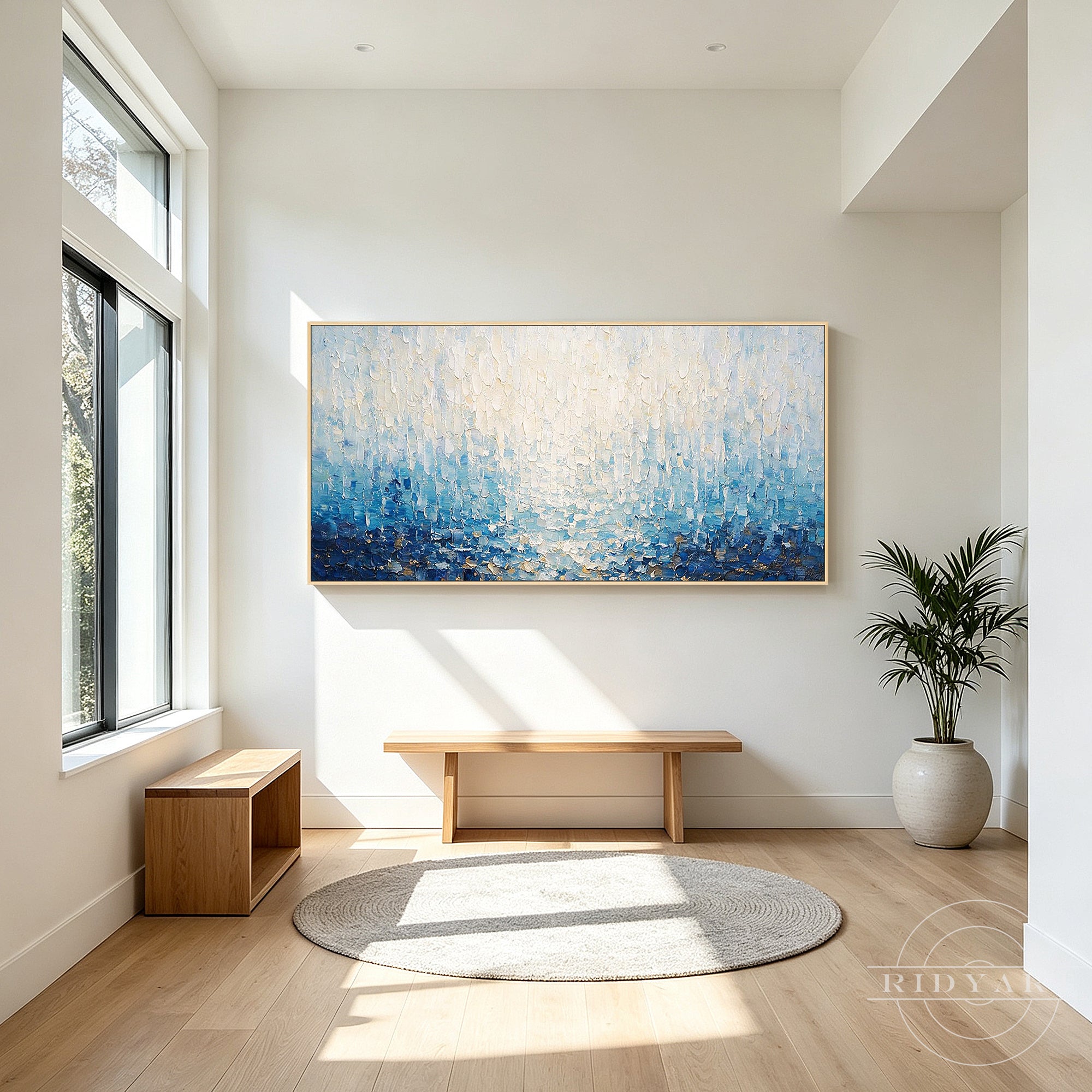 Textured blue and gold abstract canvas painting for modern home decor
