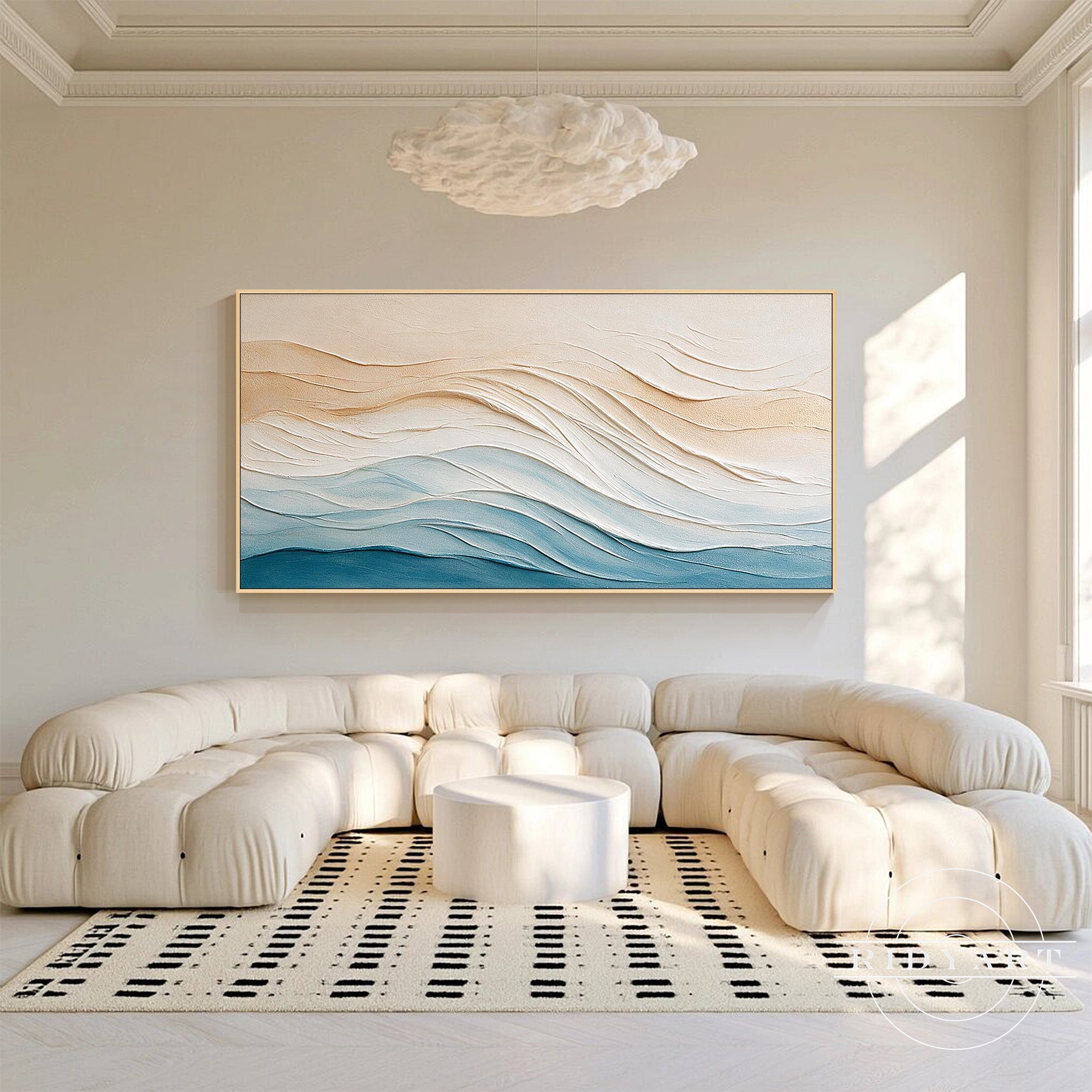 Contemporary 3D textured wall art inspired by flowing ocean waves