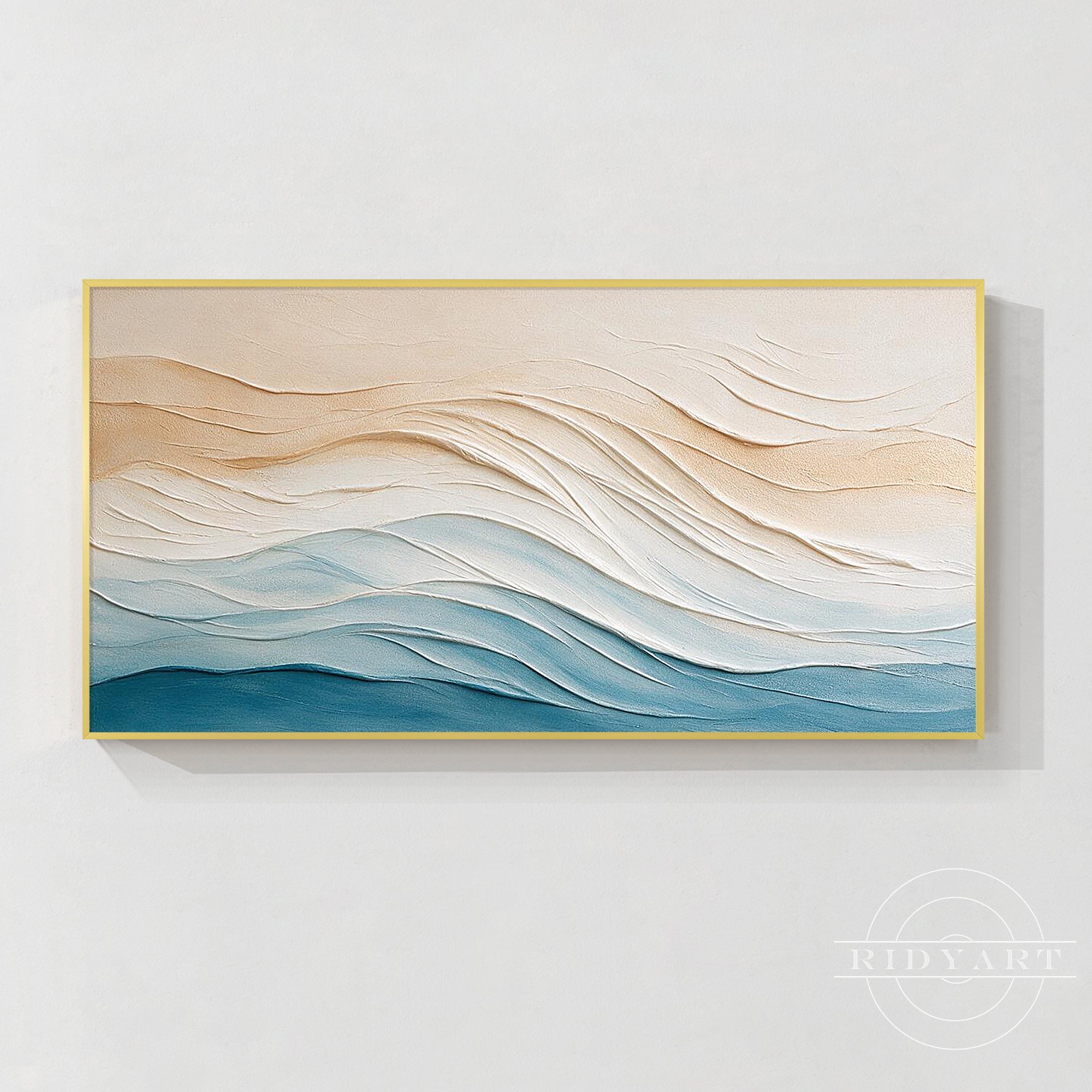 Blue and beige textured abstract ocean waves wall art