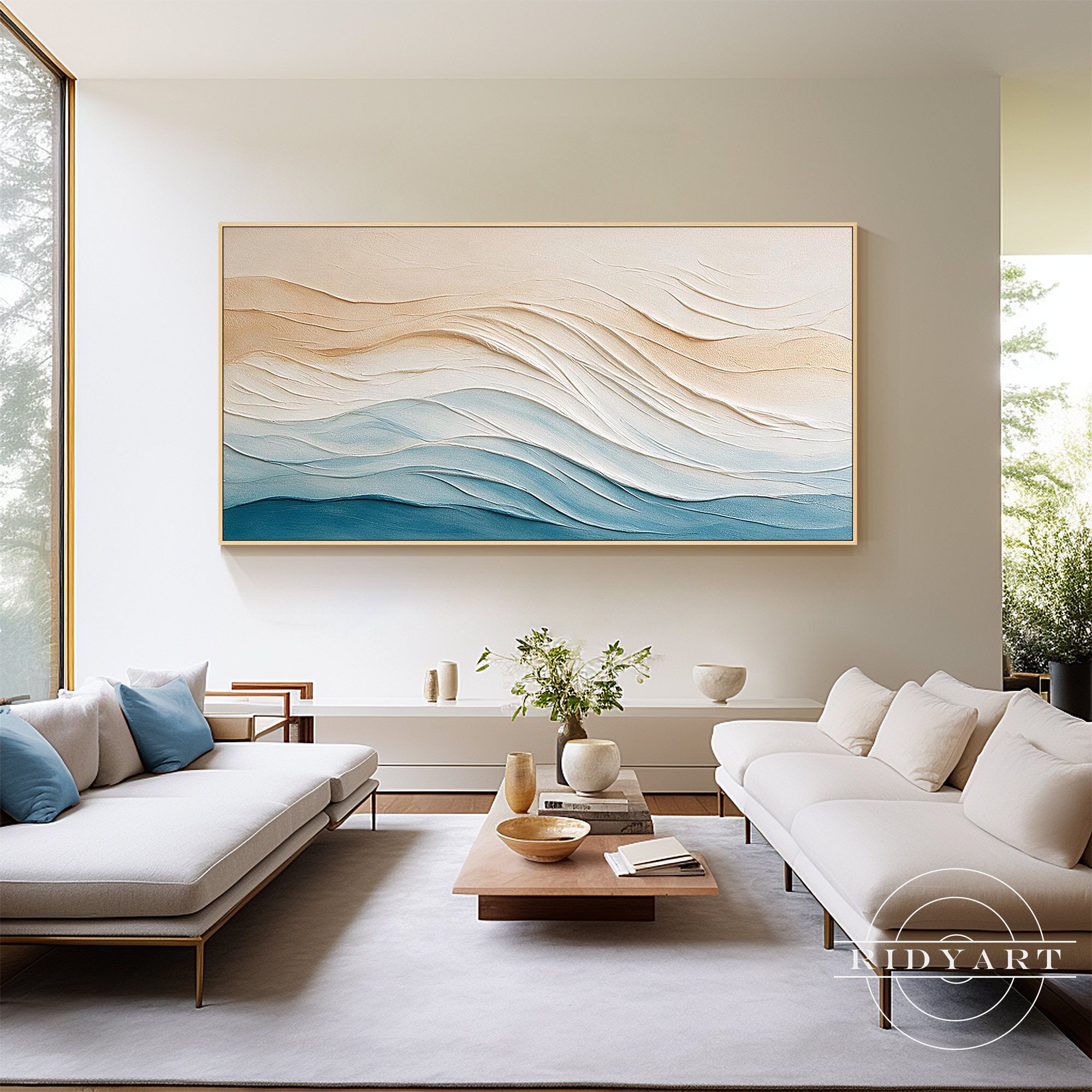 Handmade blue abstract painting with raised wave texture