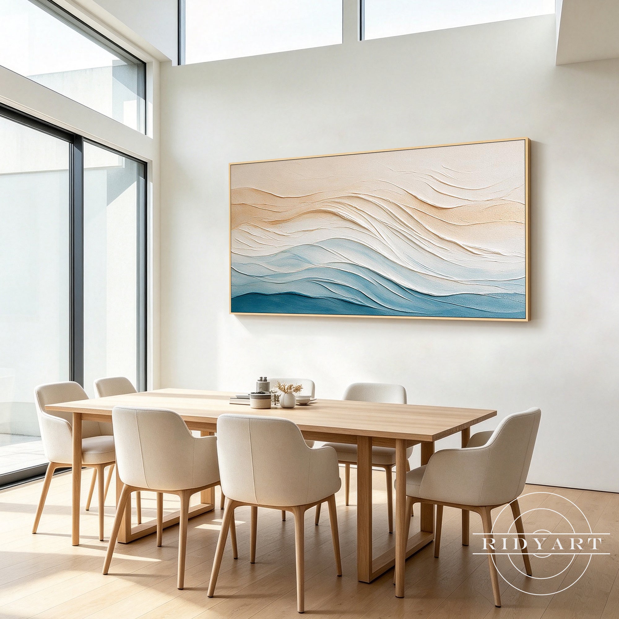 Neutral blue abstract wave painting for modern home decor