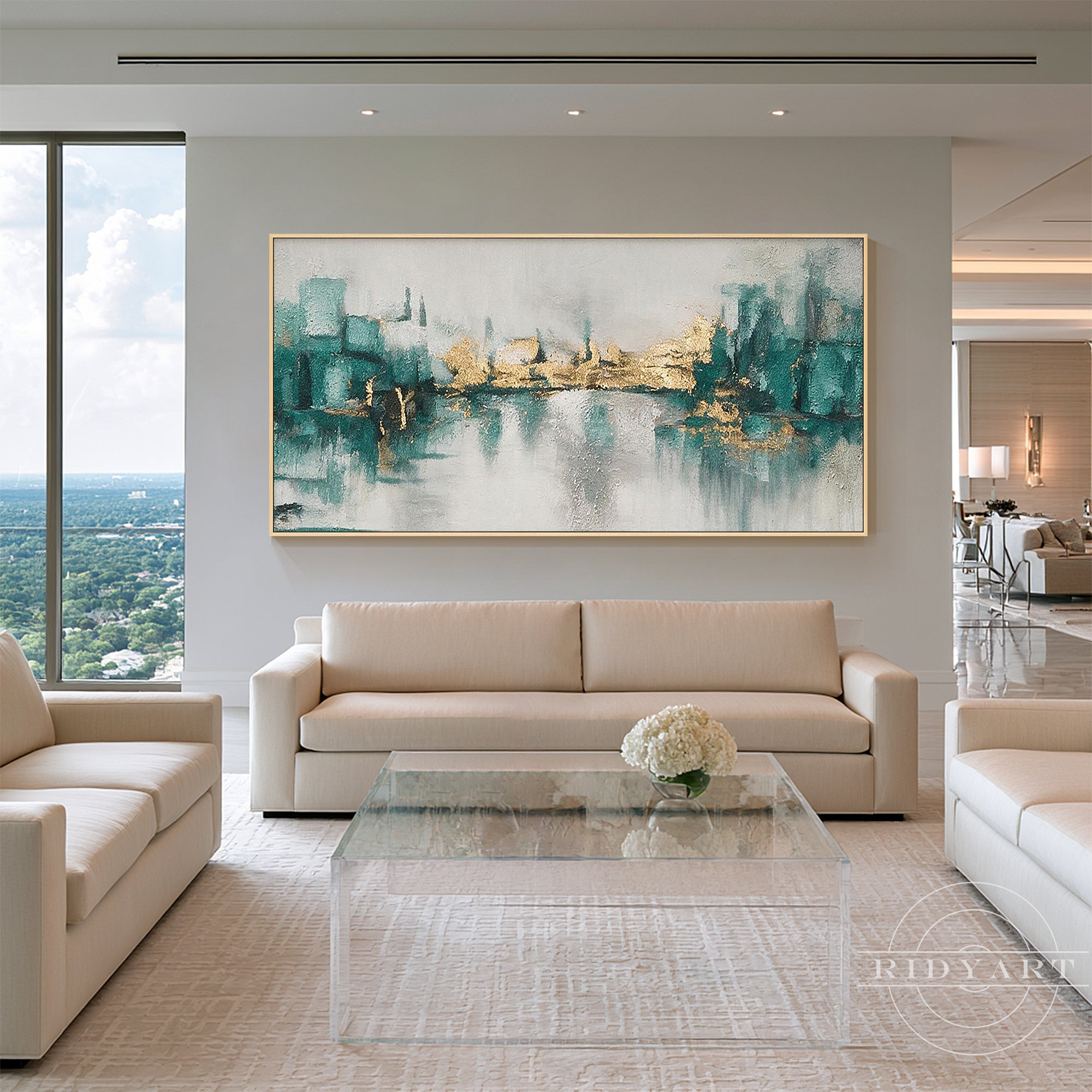 Framed horizontal abstract canvas painting showing reflective gold foil texture and calm water reflection design.