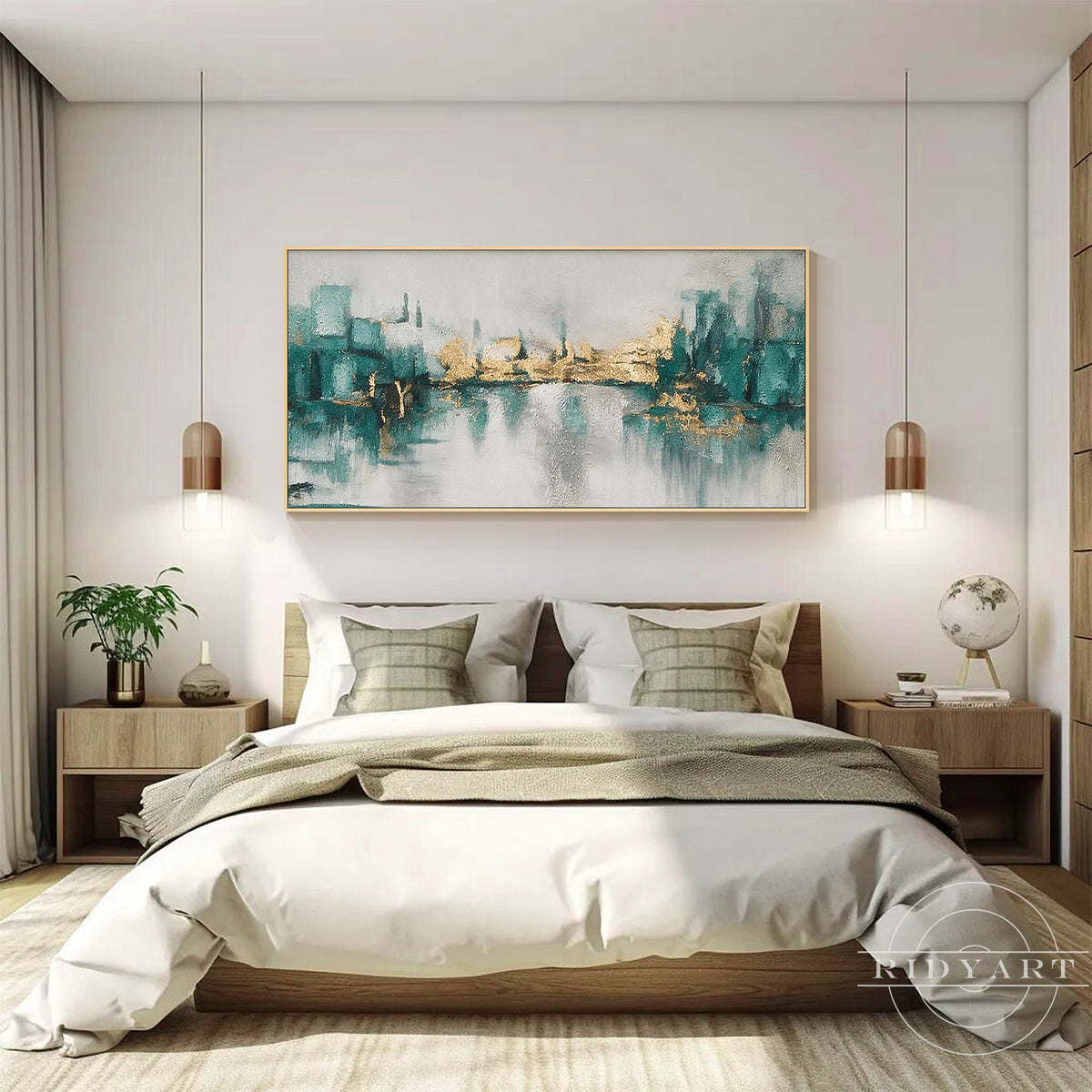 Luxurious modern wall art featuring teal abstract horizon for home office or master bedroom decor.