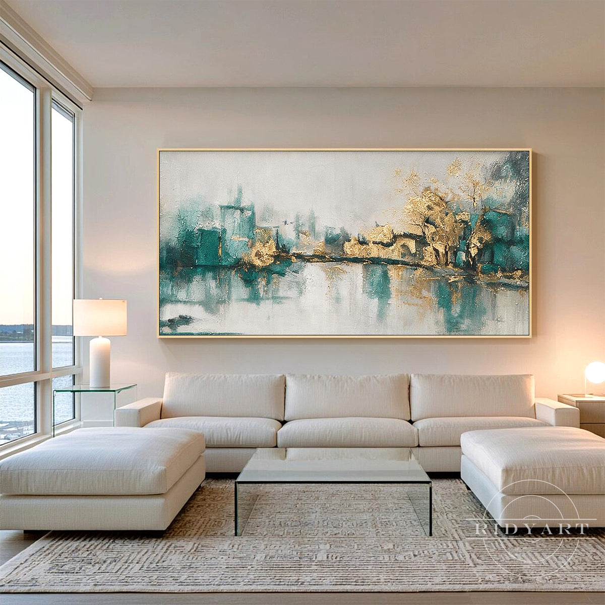 Original hand-painted emerald green and gold foil textured abstract cityscape