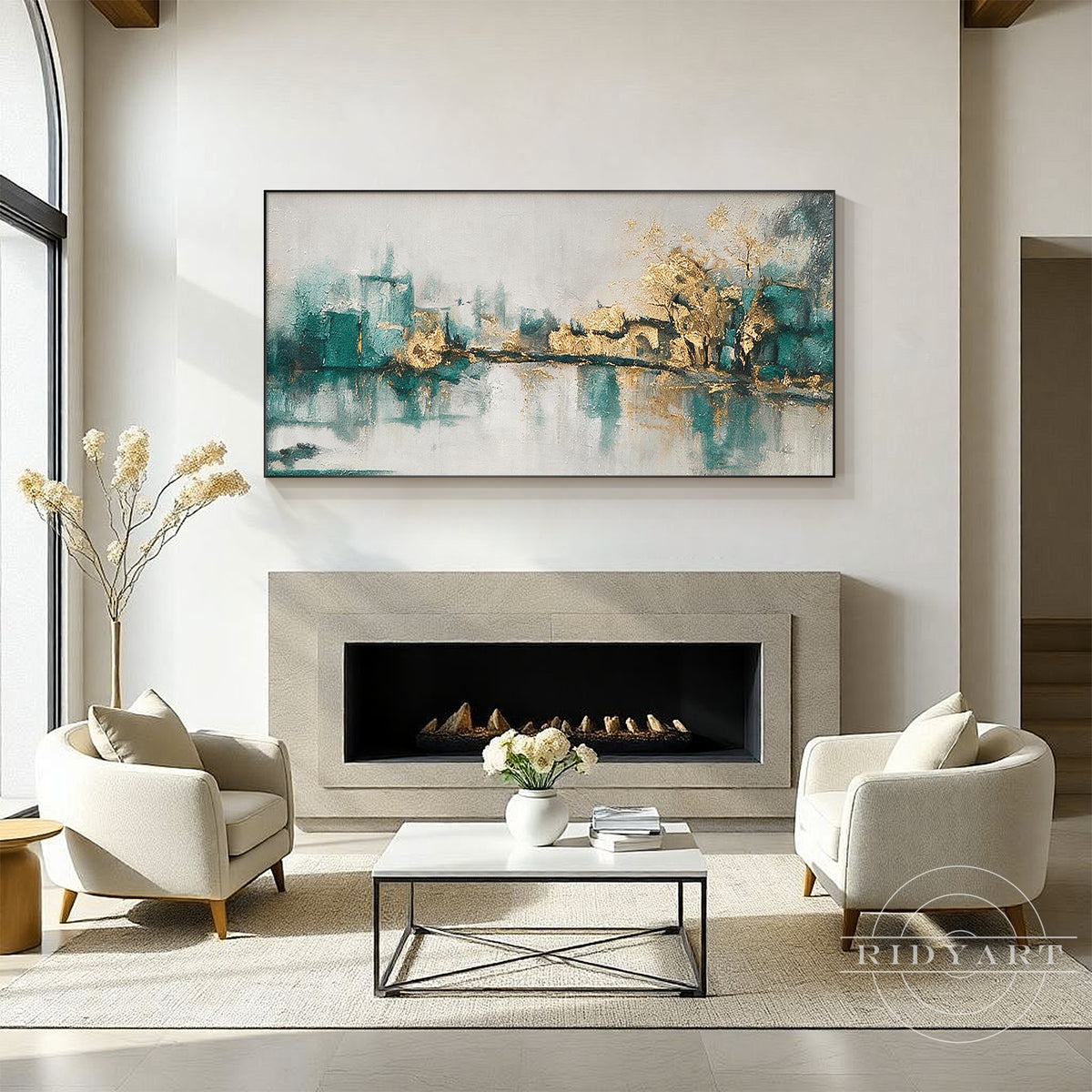 Close-up of heavy impasto brushstrokes and gold leaf detail on hand-painted canvas