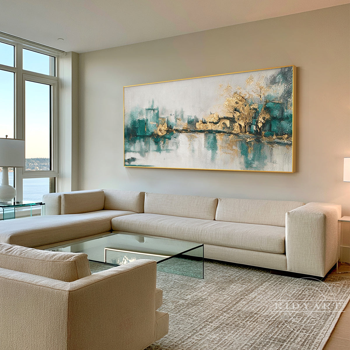 Textured hand-painted gold foil and teal lake landscape oil painting for bedroom decor