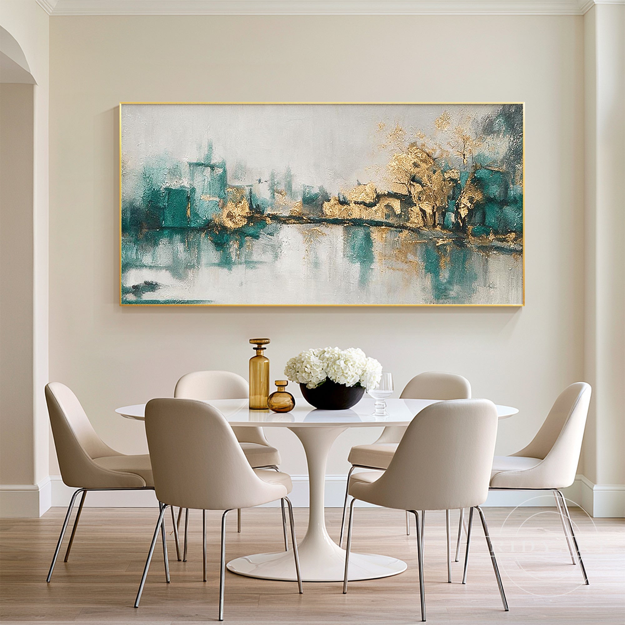 Textured hand-painted gold foil and teal lake landscape oil painting for bedroom decor
