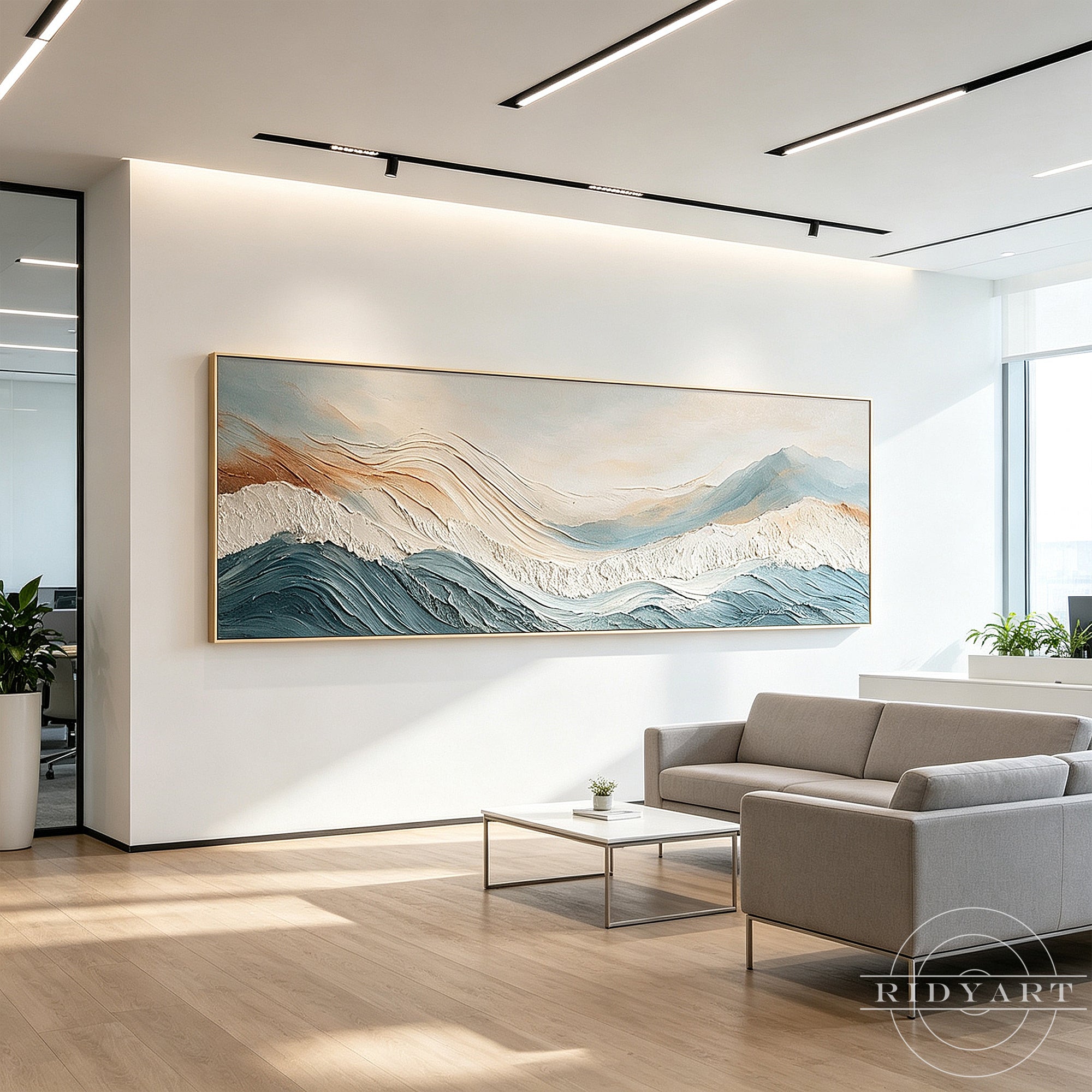 Hand-painted abstract ocean artwork in blue-gray, beige and cream tones