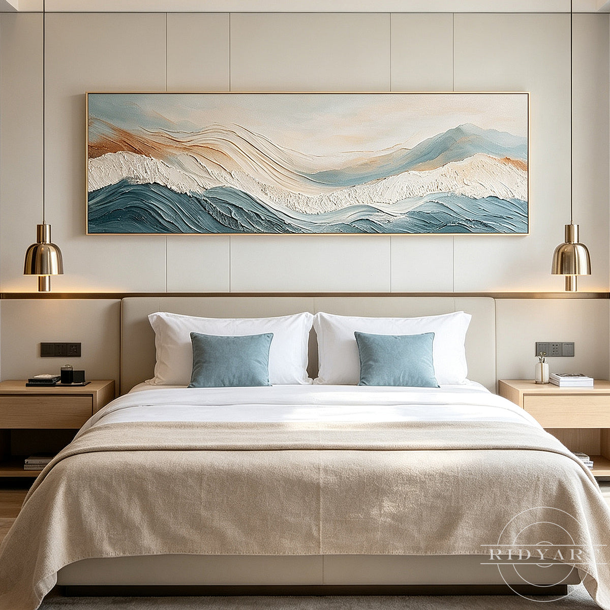Wide horizontal abstract ocean painting with rich 3D wave texture