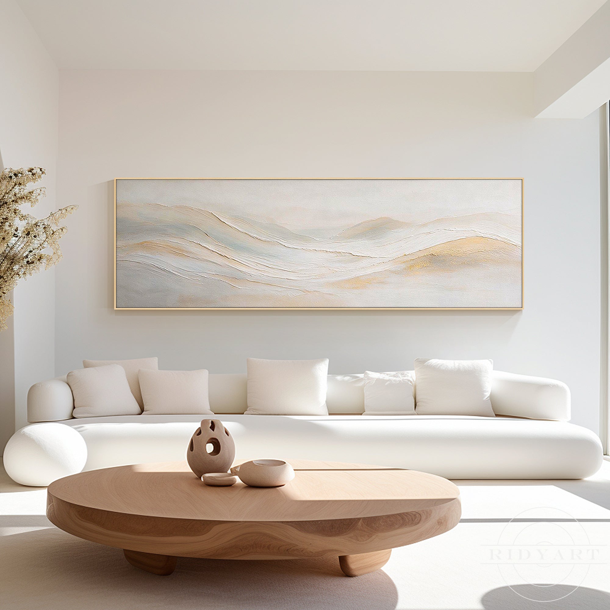 Contemporary coastal wall art featuring layered beige and ivory waves