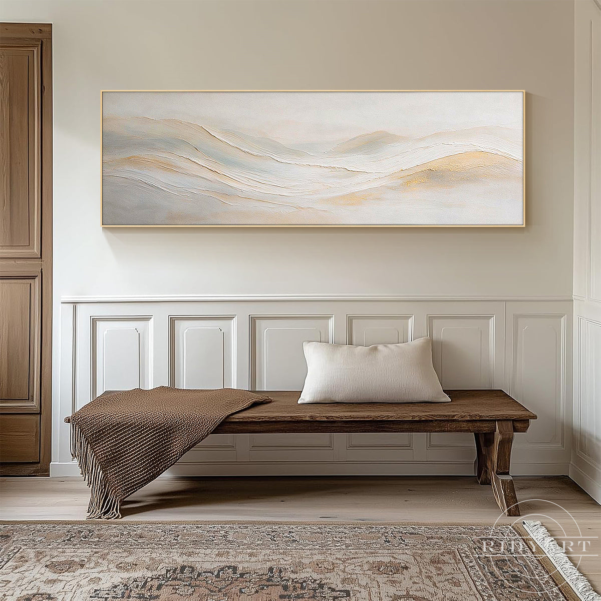 Hand-painted minimalist wave artwork in beige, ivory and taupe