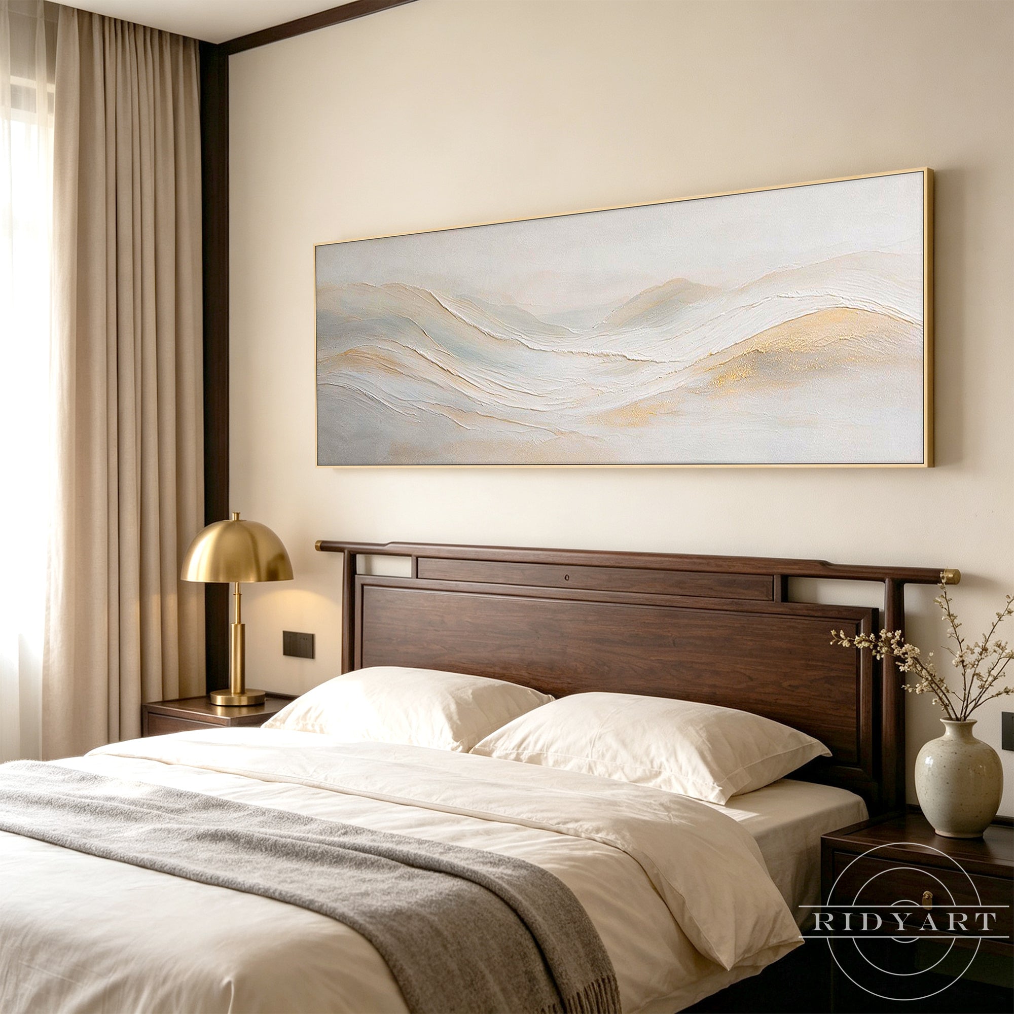 Wide horizontal abstract wave painting with subtle golden accents