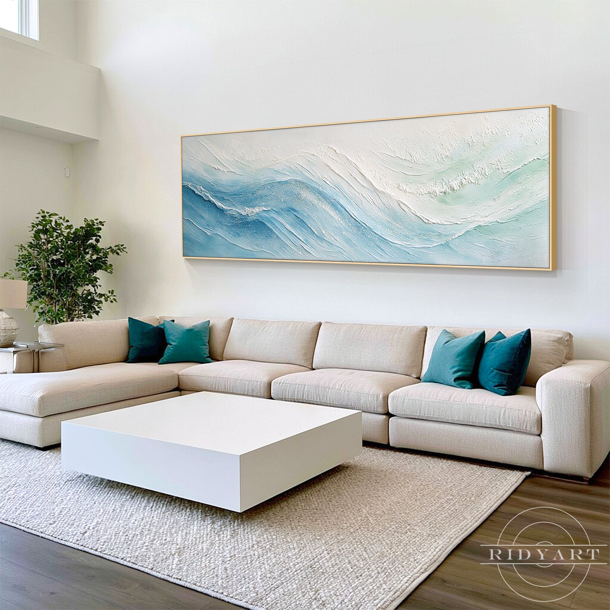 Contemporary coastal wall art featuring flowing blue and white ocean waves