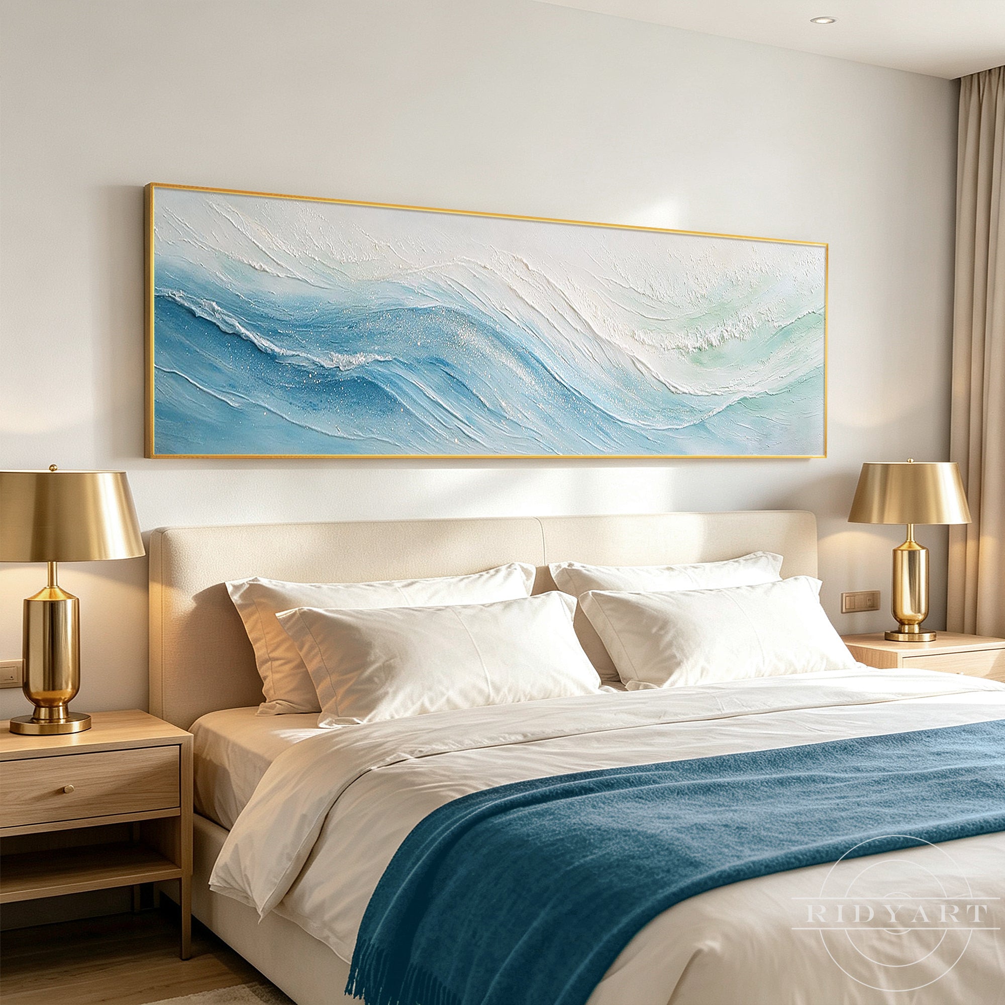 Hand-painted blue seascape wall art with dimensional wave texture