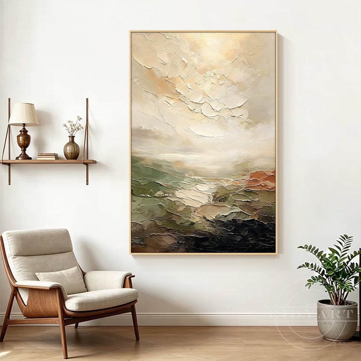 Large neutral textured canvas artwork with earthy colors and palette knife details