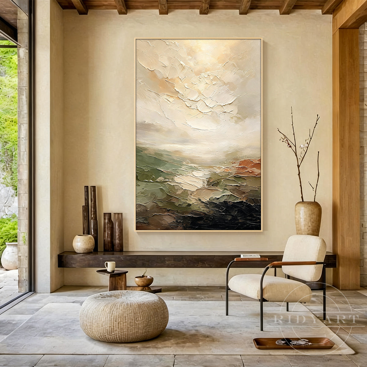 Modern abstract landscape painting with layered acrylic texture