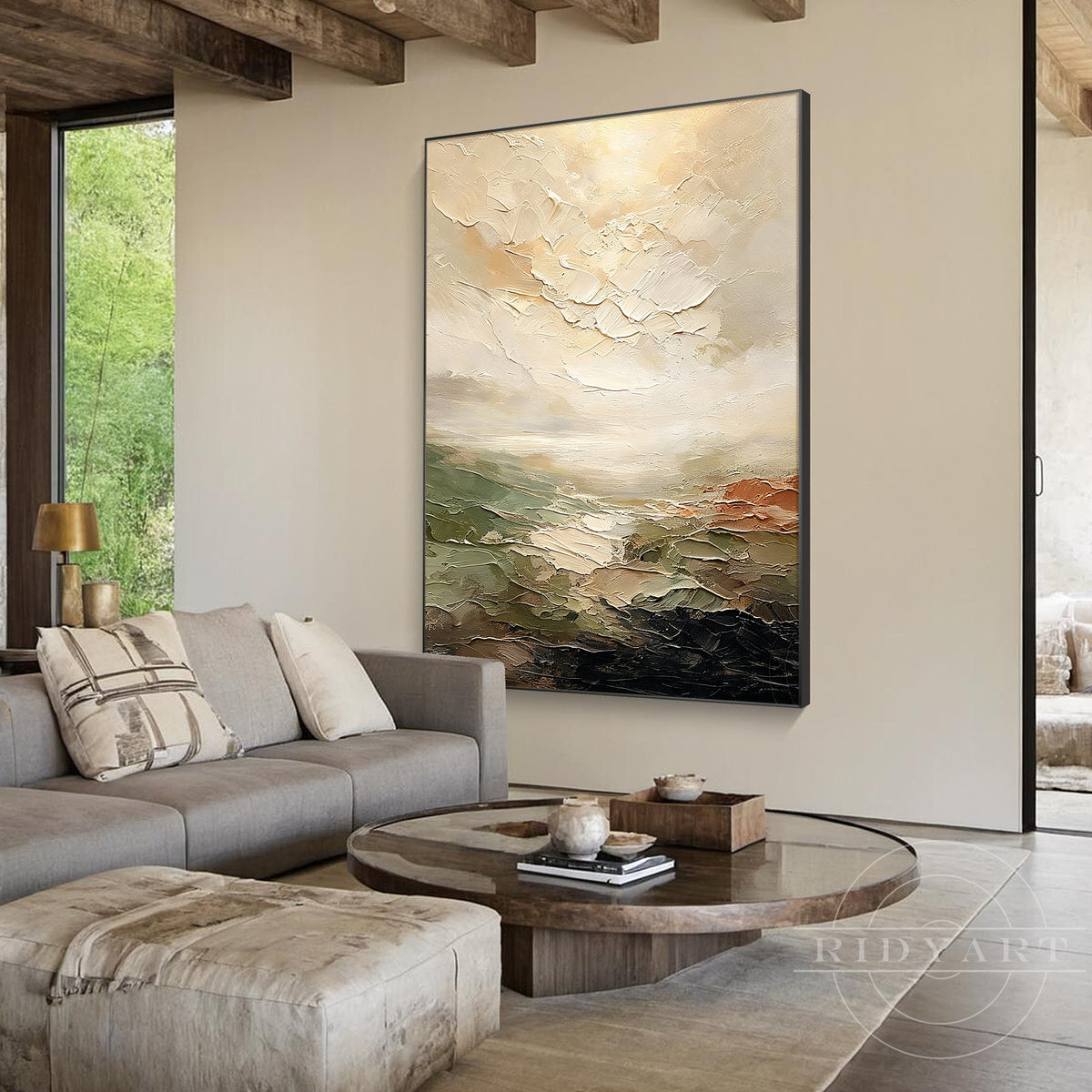 Contemporary handmade wall art featuring soft beige green and brown tones