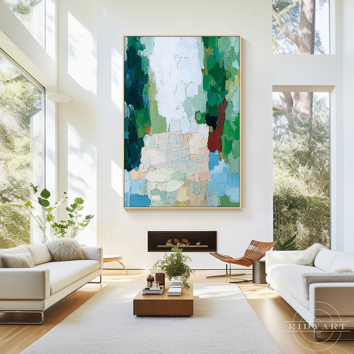 Hand-painted nature-inspired wall art featuring layered green, blue, ivory and earthy red tones