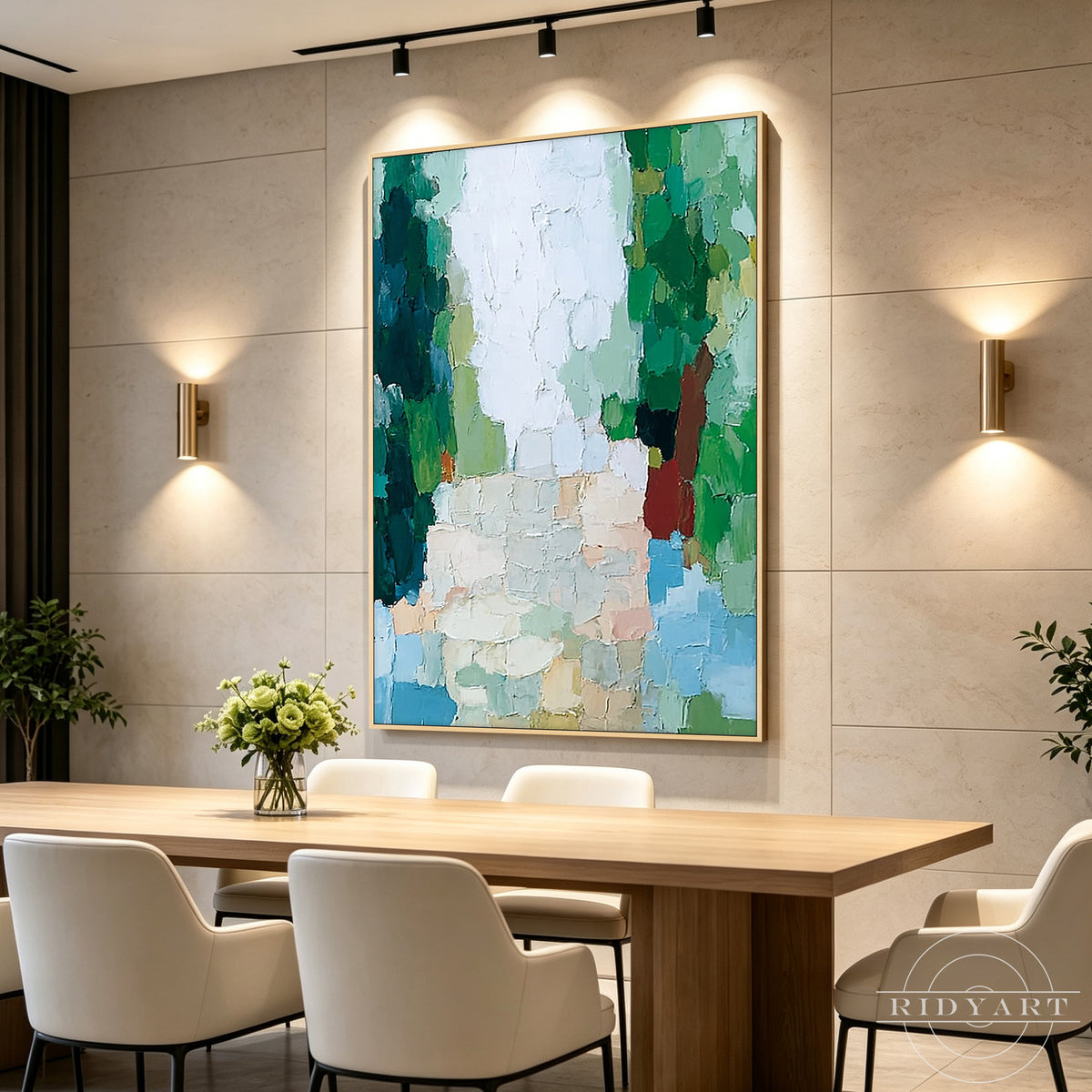 Modern vertical abstract landscape wall art with dimensional layered paint and organic color blocks