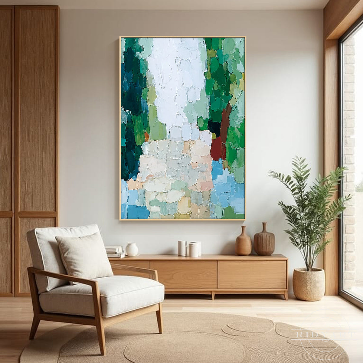 Textured green and blue abstract wall art for a modern living room, bedroom or hallway