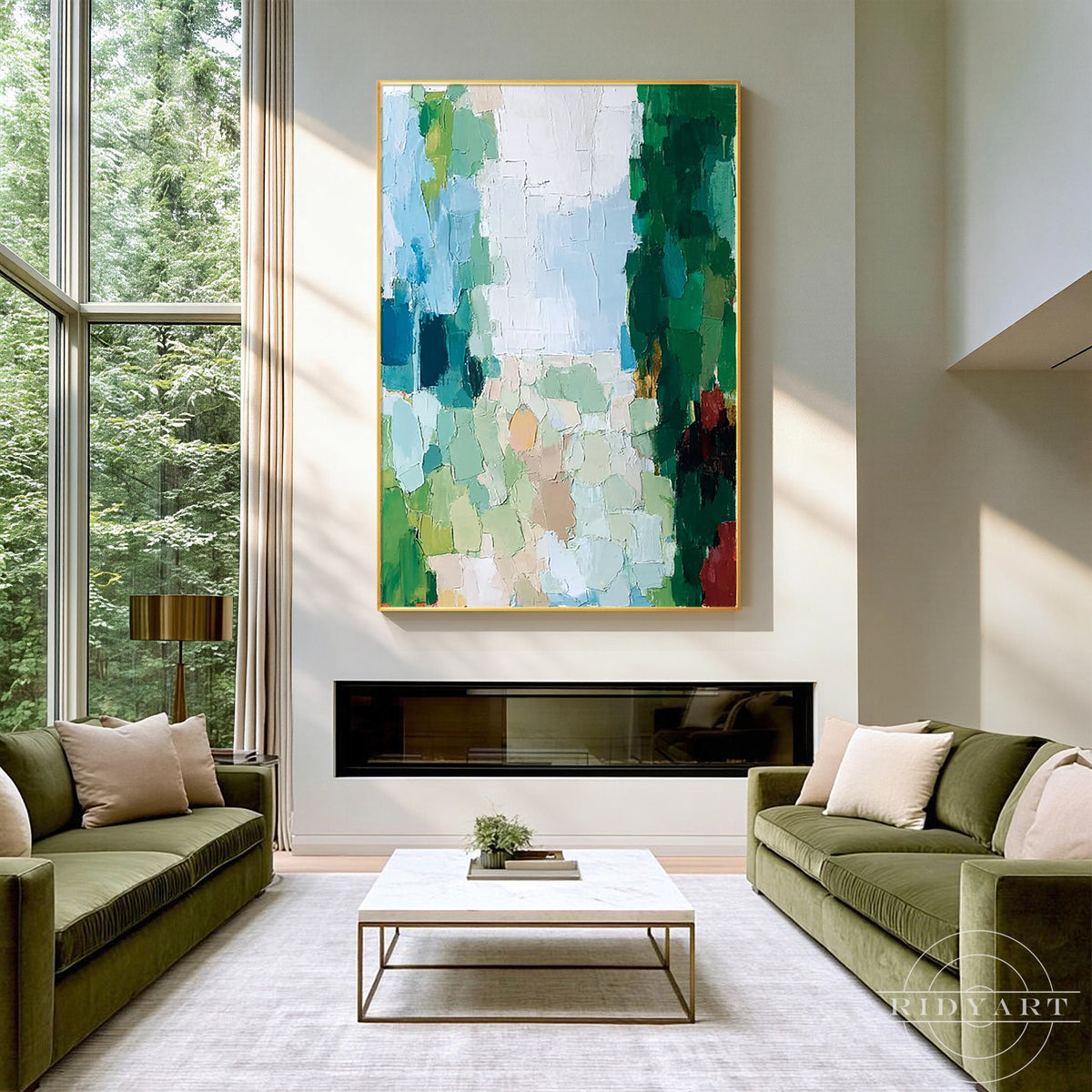 Original textured abstract wall art with layered green and blue palette-knife paint