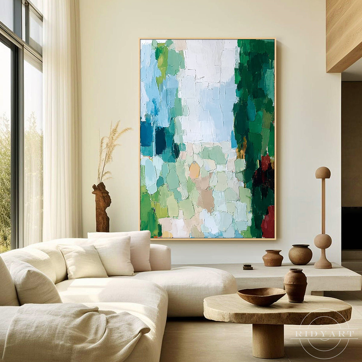 Vertical abstract forest landscape painting in forest green, teal, turquoise and ivory
