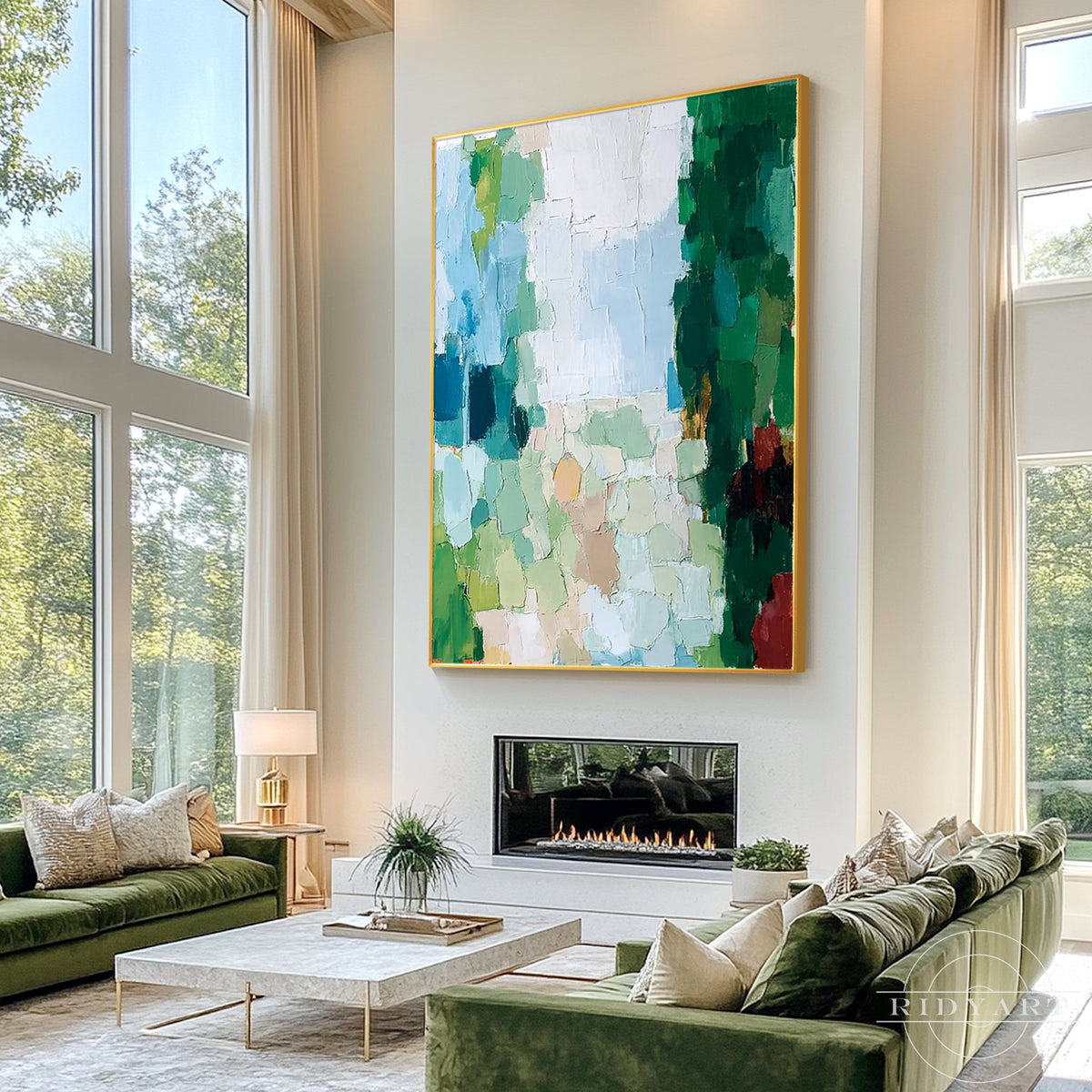 Large vertical green abstract painting with raised texture, sage, ivory and soft blue tones