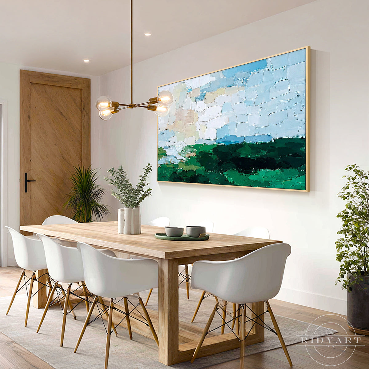 Hand-painted abstract landscape with raised palette-knife texture in forest green and sky blue